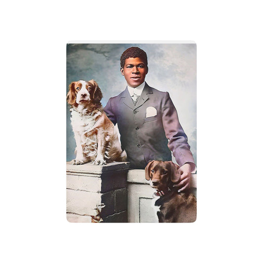 Vintage photo of an African American man in a sharp suit, posed confidently with his two loyal dogs, symbolizing grace and dignity.