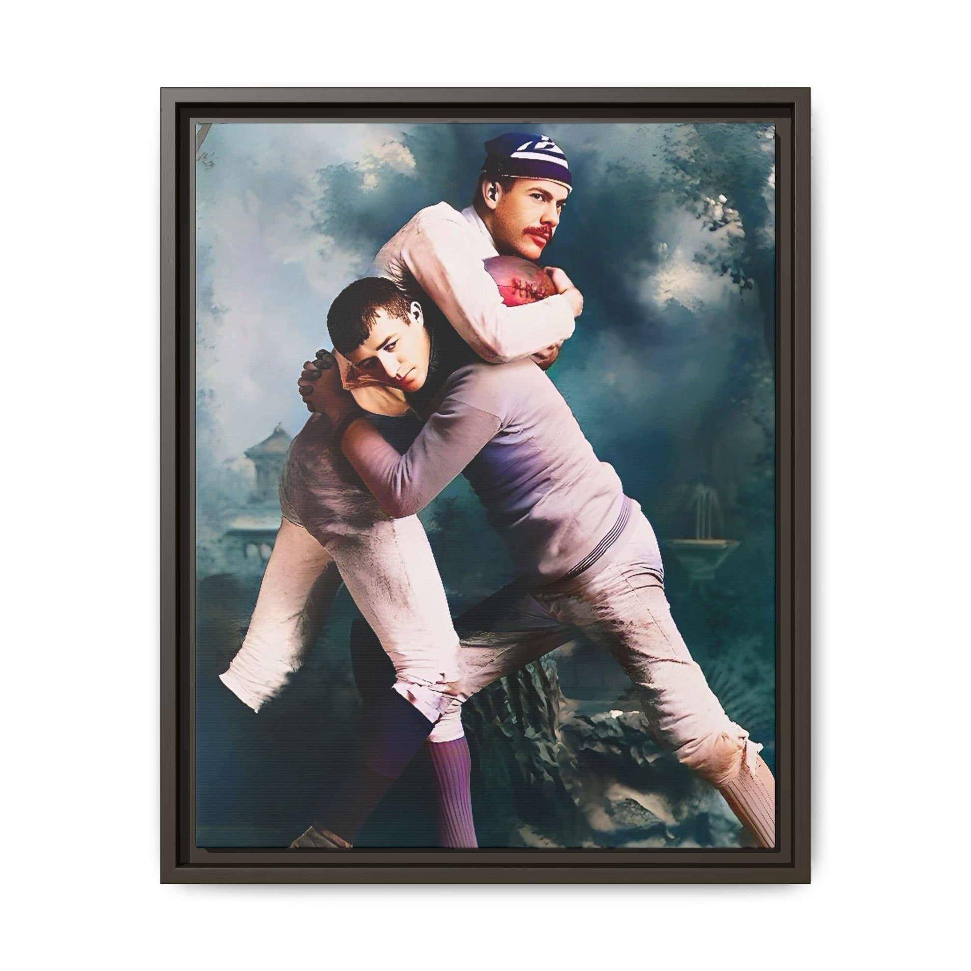 A framed vintage sports portrait on matte canvas featuring Theodore and Patrick in Chapel Hill, North Carolina, capturing timeless strength, camaraderie, and connection.
