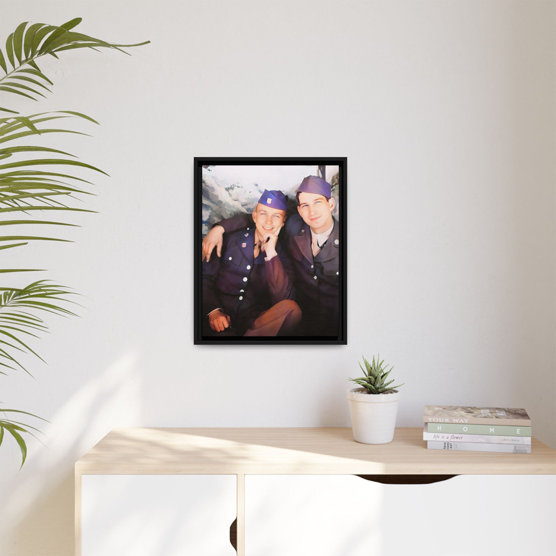 A restored vintage portrait of Willie & Louis at Metro-North Railroad in Harlem, New York. This framed matte canvas celebrates LGBTQ+ history, African American heritage, and timeless love. Gay Couple Love
