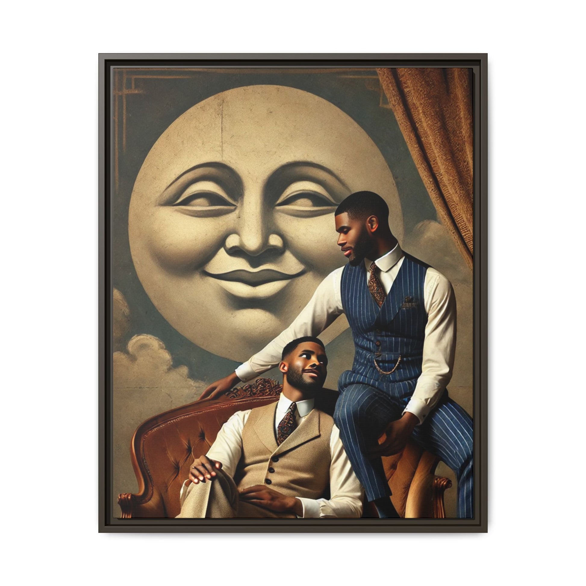 An elegant portrait of two Black men in vintage suits, seated affectionately beneath a smiling full moon. This 1920s-inspired artwork reclaims lost LGBTQ history, honoring Black queer love through style, softness, and resilience.