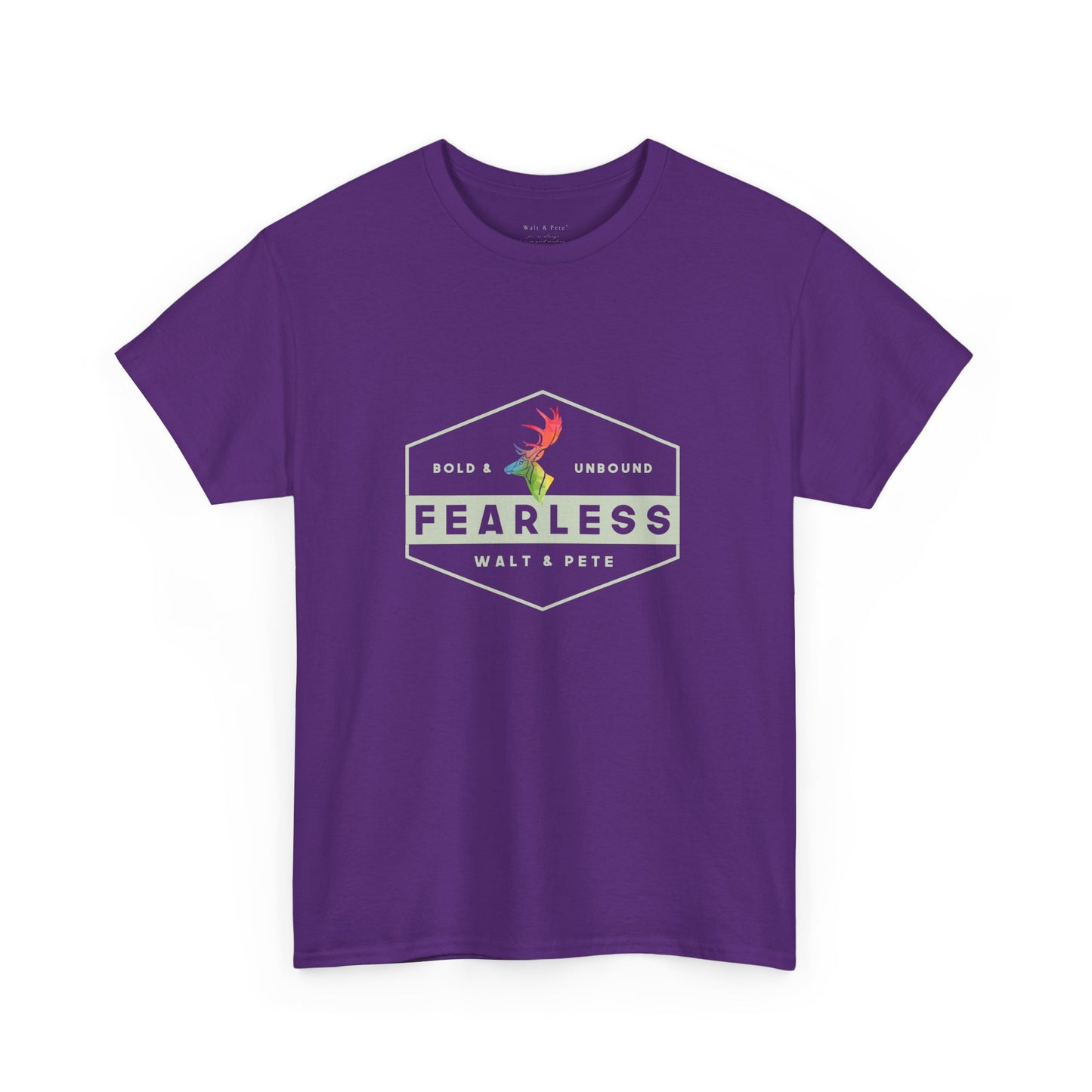 Unisex gr cotton t-shirt with a hexagon badge design reading “Fearless” and “Bold & Unbound,” featuring a rainbow antler—symbolizing LGBTQ+ pride and fearless queer identity