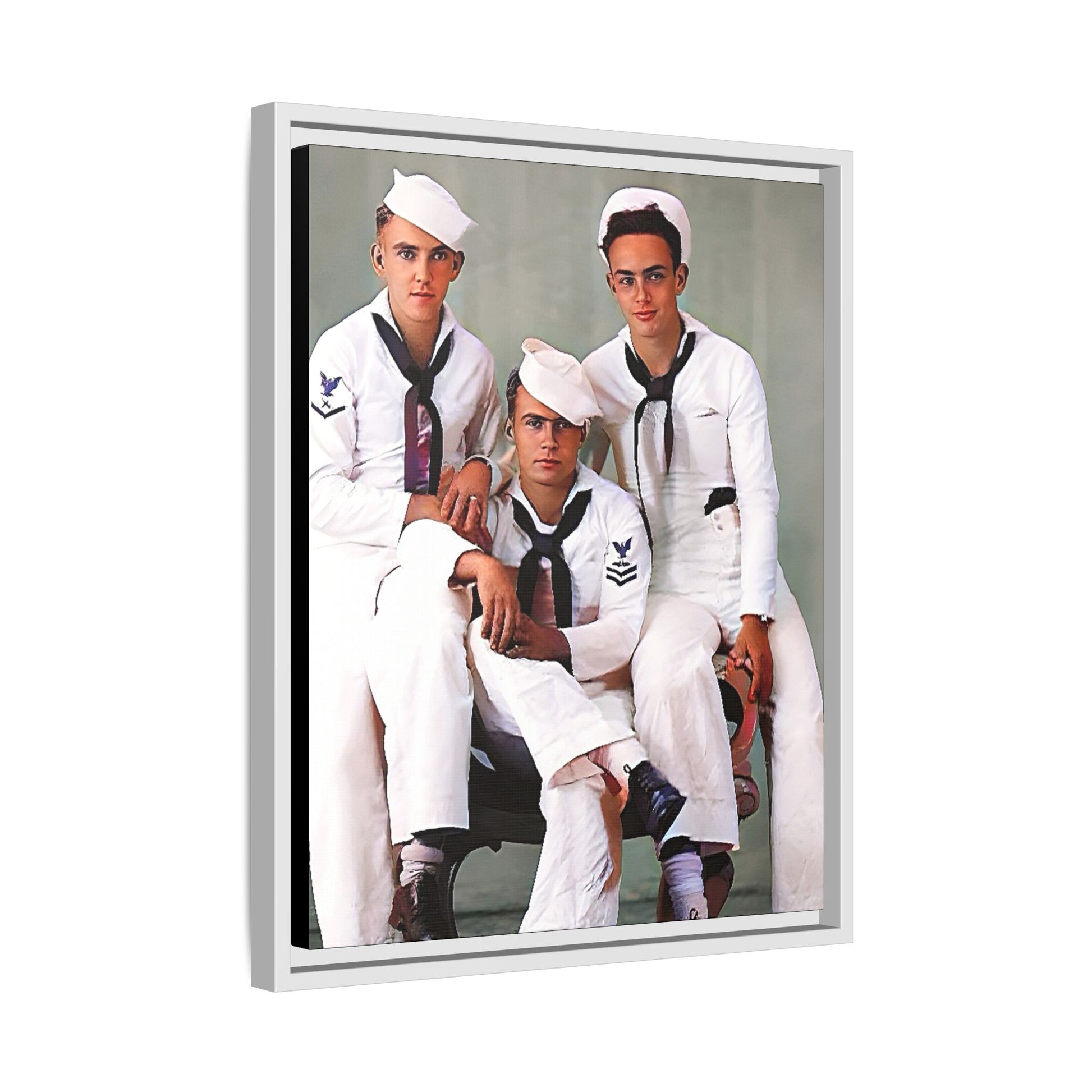 A restored vintage portrait of three sailors aboard the USS Alabama. This framed matte canvas honors naval history, camaraderie, and timeless service.