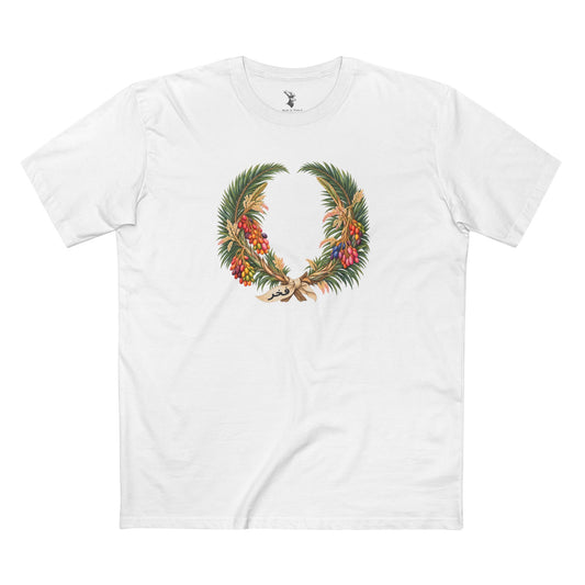 Saudi date-palm laurel wreath with Pride-colored dates and the Arabic word فخر beneath it