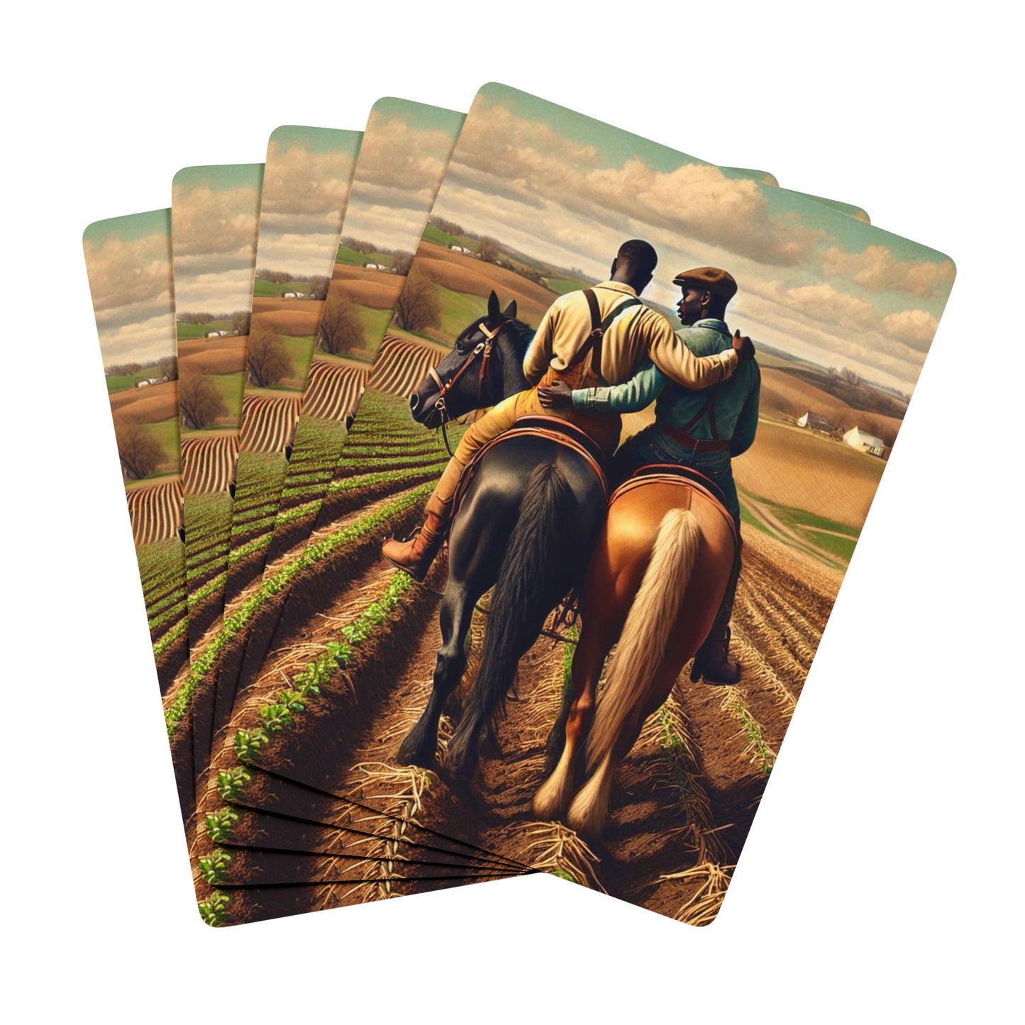 Vintage-style poker deck featuring two Black farmers riding horseback in a golden field, embracing in quiet love. Black Love