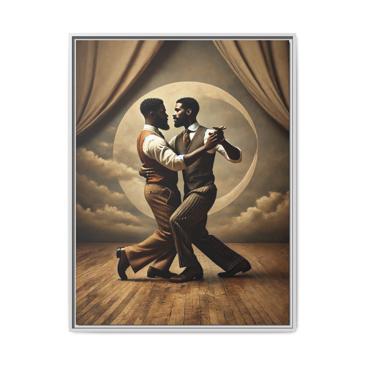 Original artwork of two Black men ballroom dancing in vintage 1920s suits under a glowing moon backdrop. A romantic and powerful tribute to queer love and Black history that reclaims moments lost to systemic bias and cultural erasure.