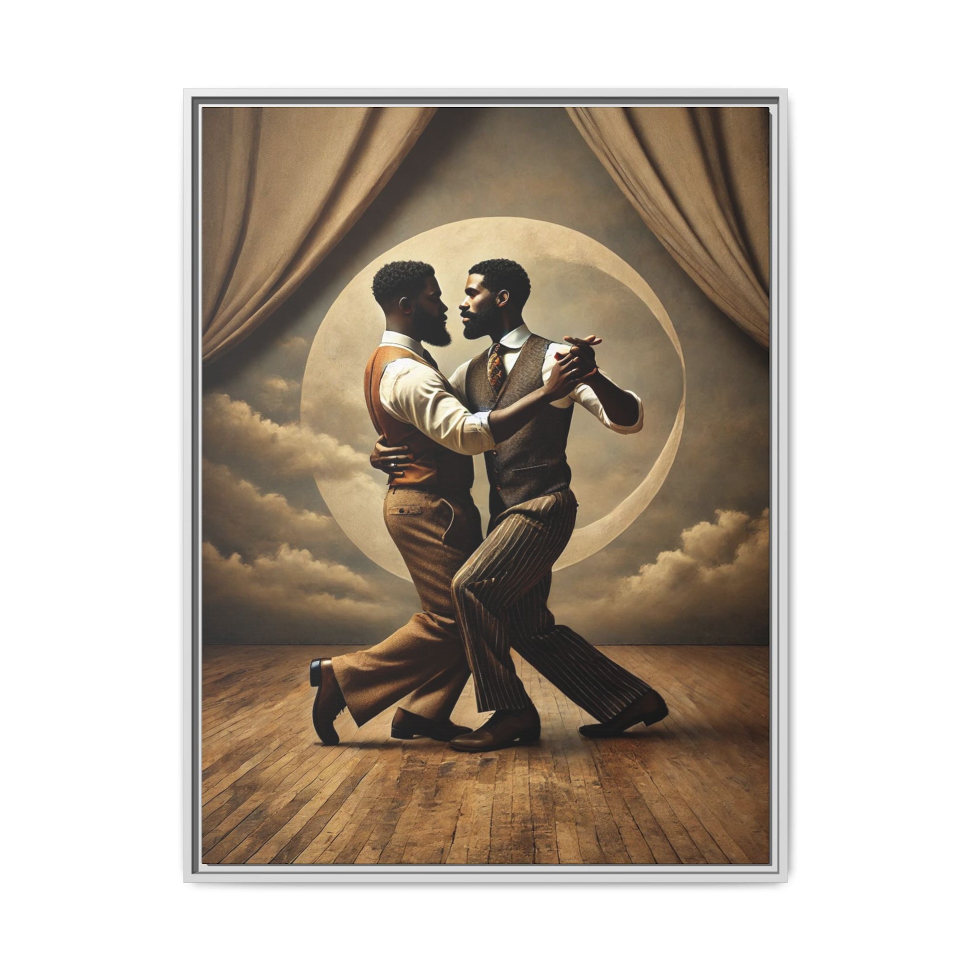 Original artwork of two Black men ballroom dancing in vintage 1920s suits under a glowing moon backdrop. A romantic and powerful tribute to queer love and Black history that reclaims moments lost to systemic bias and cultural erasure.