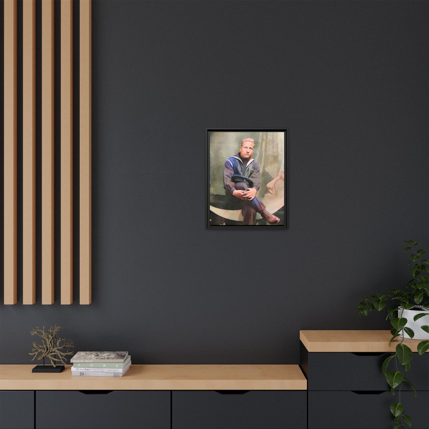 A vintage U.S. Navy sailor portrait featuring Jacob in uniform with a crescent moon backdrop. This framed matte canvas print is a timeless tribute to naval service, ideal for military history collectors, veterans, and nautical decor lovers. Art Deco Paper Moon Prop