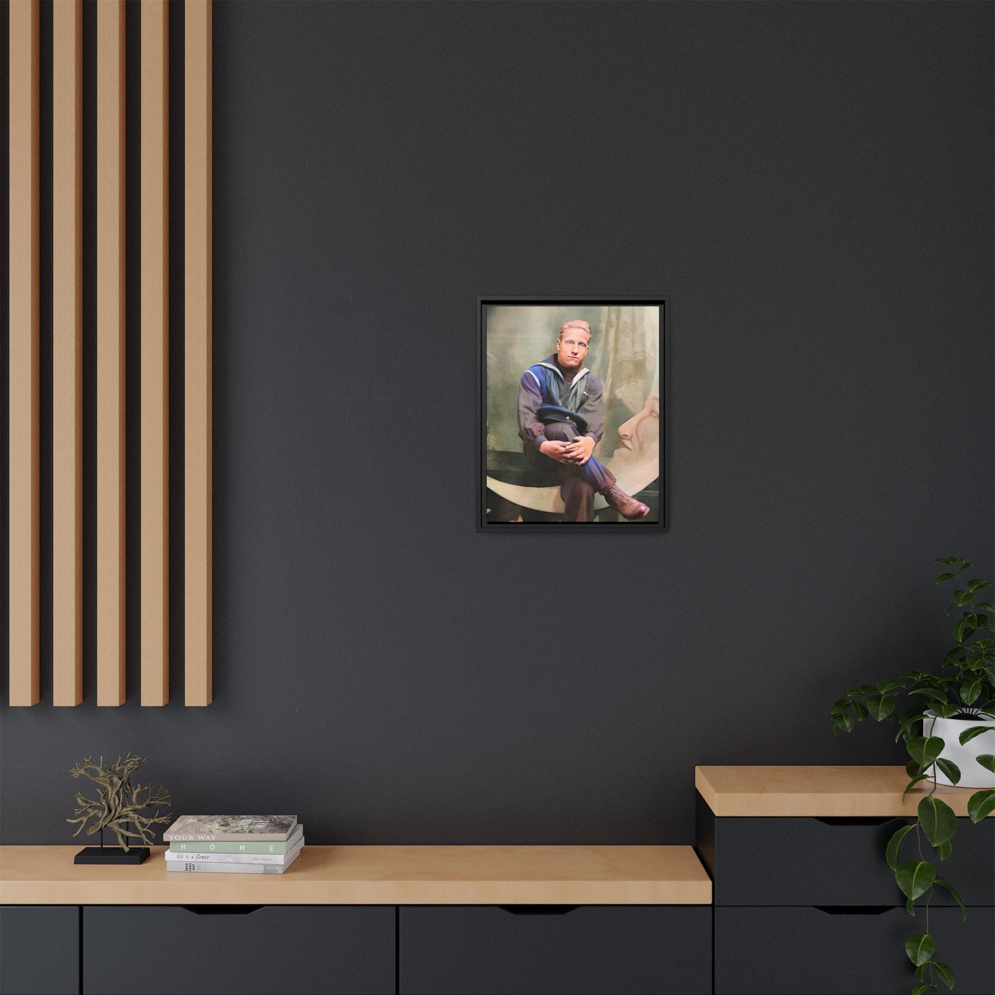 A vintage U.S. Navy sailor portrait featuring Jacob in uniform with a crescent moon backdrop. This framed matte canvas print is a timeless tribute to naval service, ideal for military history collectors, veterans, and nautical decor lovers. Art Deco Paper Moon Prop