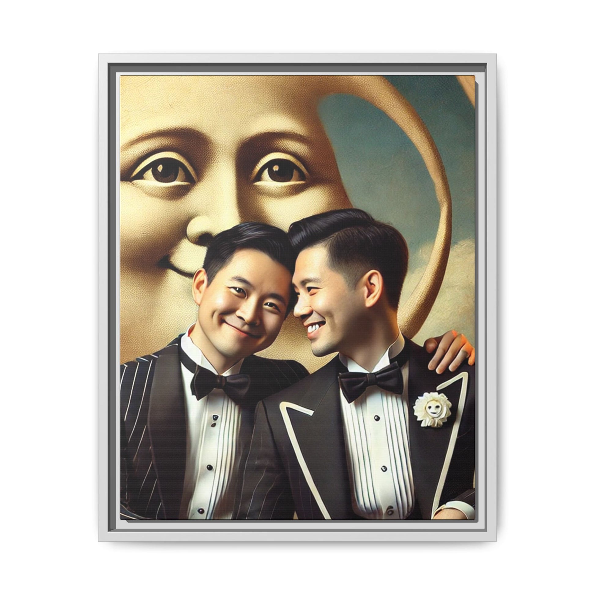Framed matte canvas featuring a joyful queer Asian couple in tuxedos standing beneath a crescent moon. This artwork, part of the Missing Art Studies series, reimagines erased queer histories with warmth, dignity, and vintage-inspired style.