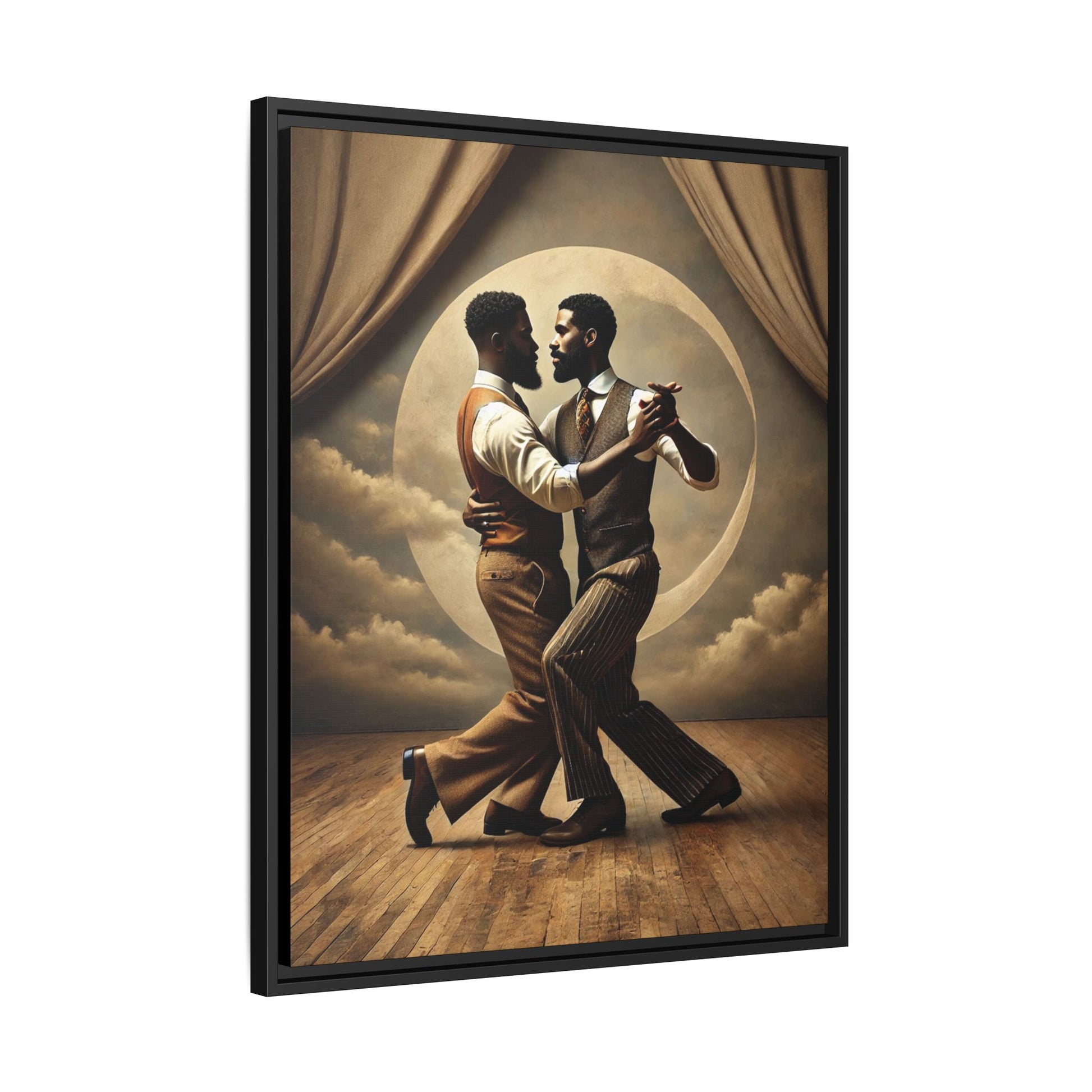 Original artwork of two Black men ballroom dancing in vintage 1920s suits under a glowing moon backdrop. A romantic and powerful tribute to queer love and Black history that reclaims moments lost to systemic bias and cultural erasure.