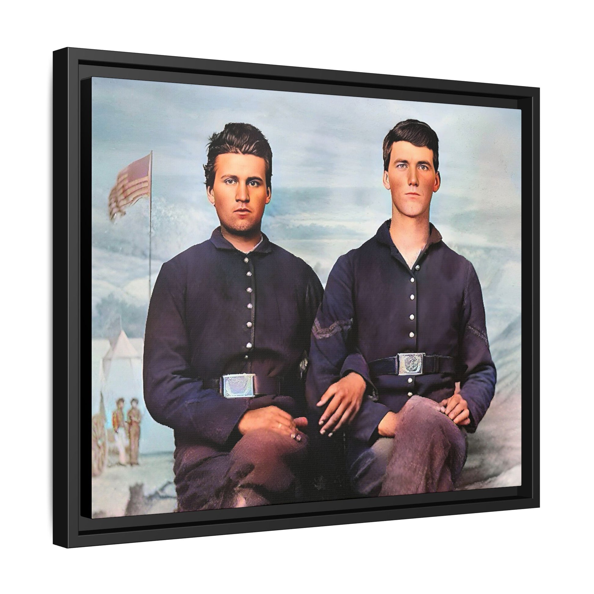 A framed vintage Civil War photo on matte canvas featuring two Union soldiers at Camp Curtin, honoring military history. Gay Couple