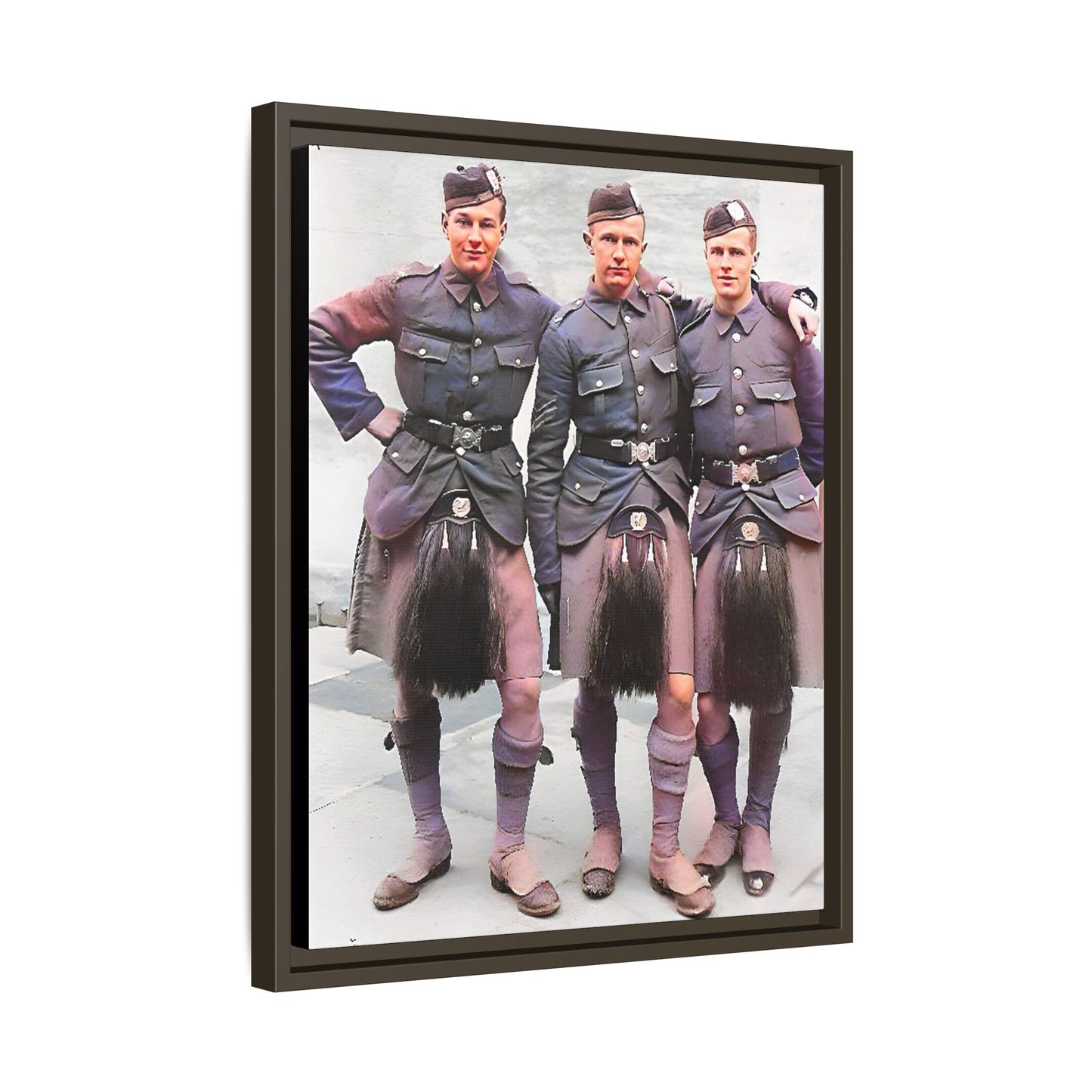A restored vintage portrait of Gordon Highlanders in Glasgow, Scotland. This framed matte canvas honors Scottish military history, tradition, and unity.