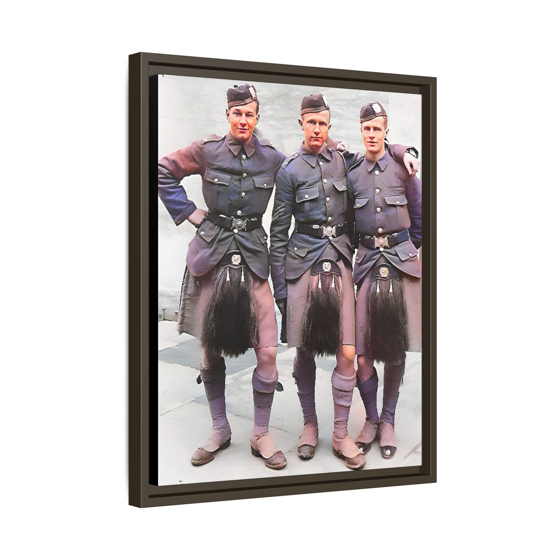 A restored vintage portrait of Gordon Highlanders in Glasgow, Scotland. This framed matte canvas honors Scottish military history, tradition, and unity.
