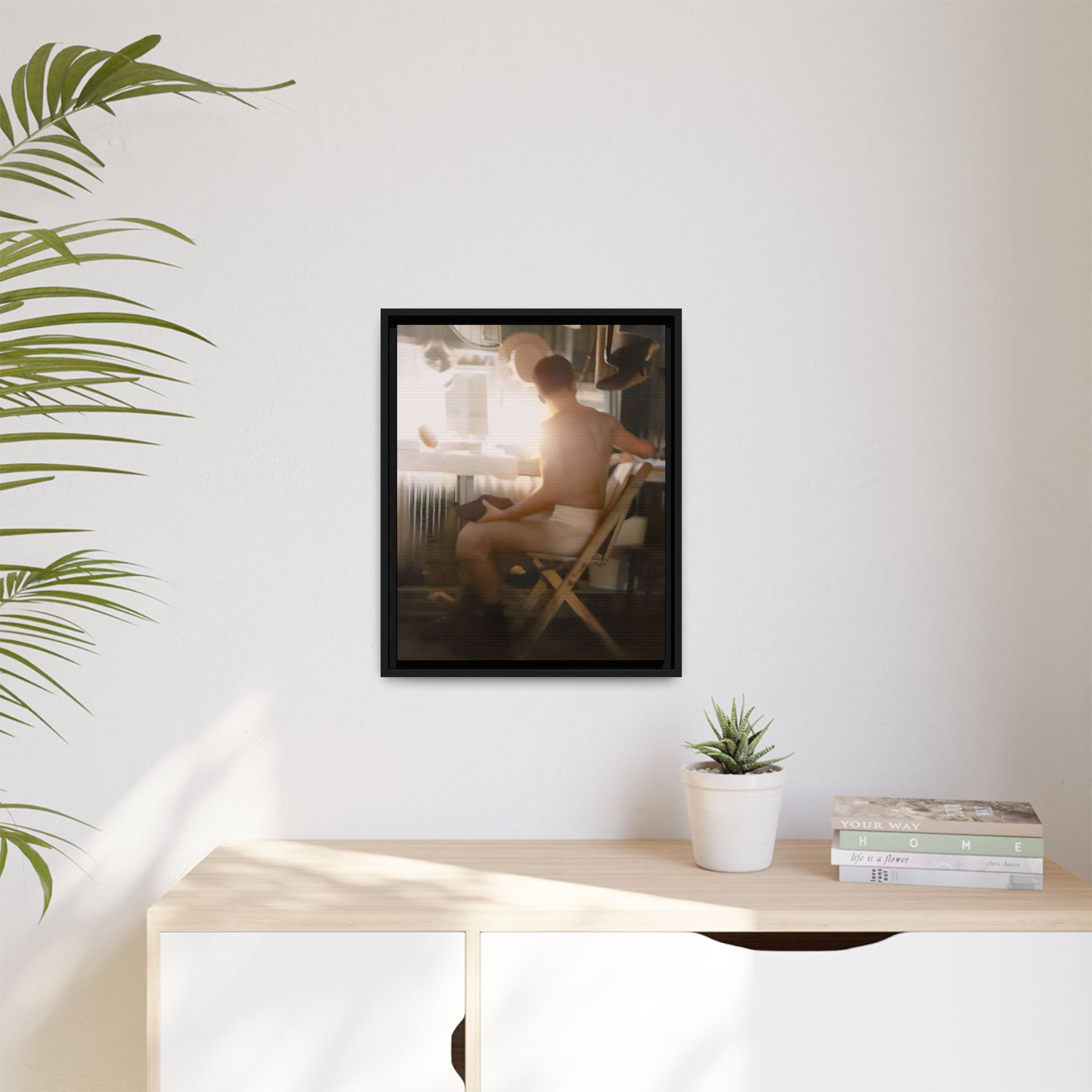A vintage Hollywood portrait of Hugh in a backstage dressing room. This framed canvas print captures the elegance and mystique of old Hollywood, making it the perfect cinematic decor for film lovers and vintage photography collectors.