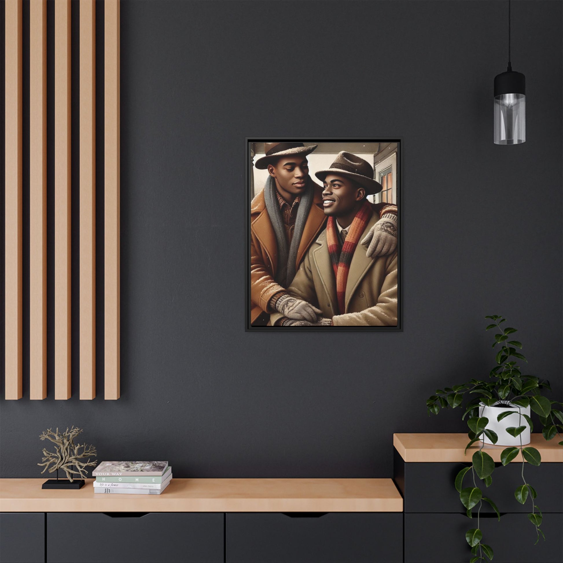 Artwork of an African-American gay couple sharing a cozy winter moment on a porch. Dressed in vintage winter attire with fedoras, scarves, and warm coats, they exchange affectionate gazes amidst softly falling snow, capturing love, warmth, and intimacy in a nostalgic winter setting.