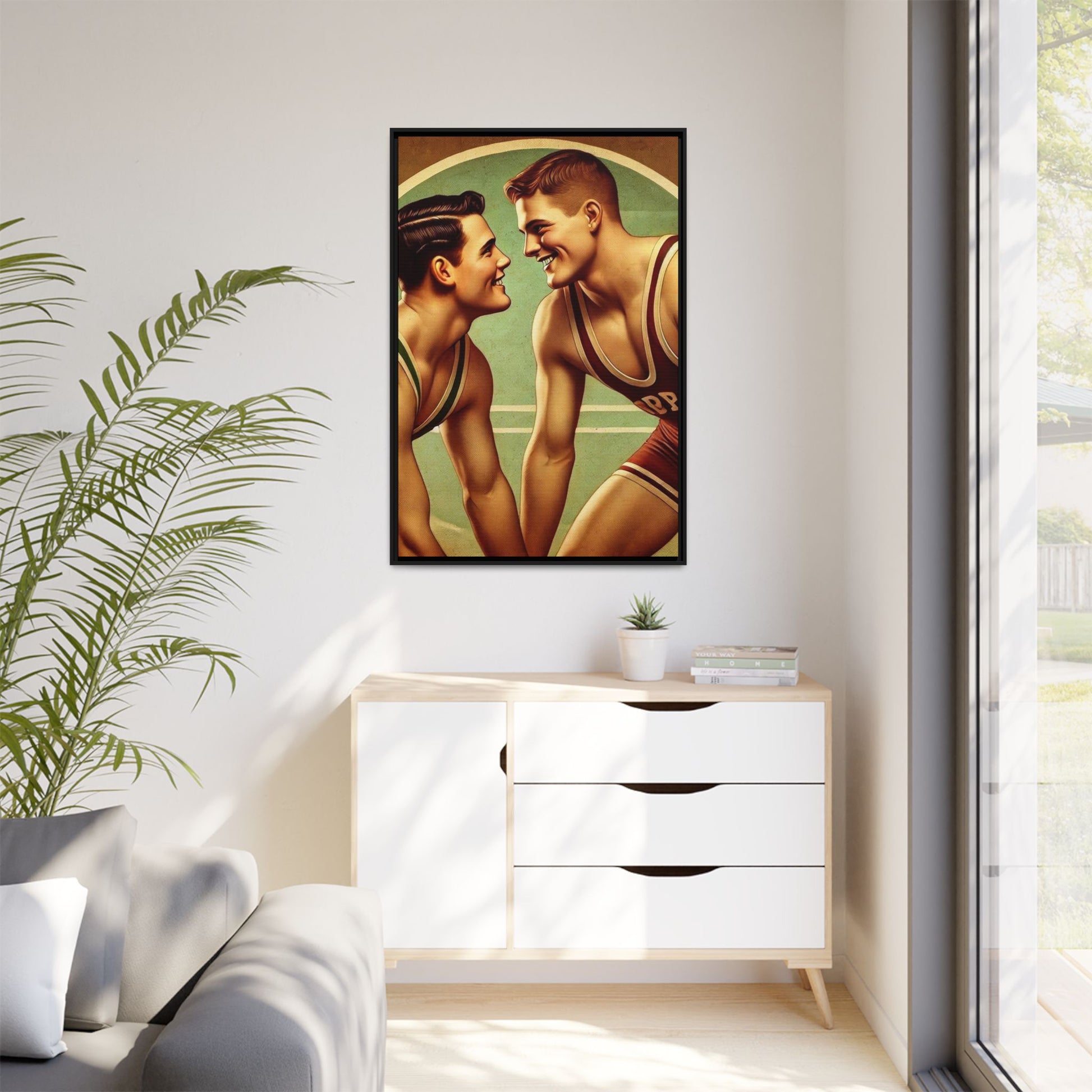 Framed artwork of two young wrestlers in vintage singlets on a stylized mat, inspired by Grant Wood's nostalgic Americana style.