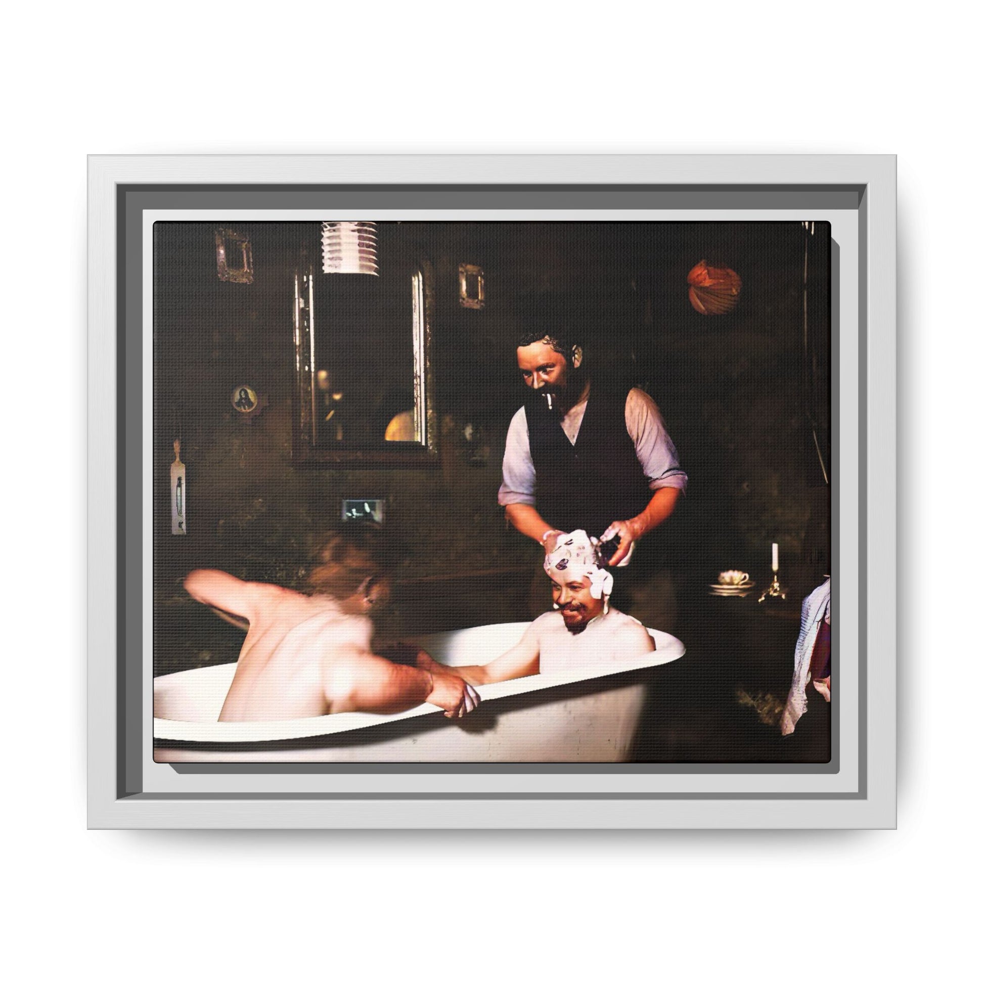 Restored vintage photo of camaraderie at Walsh Depot, Battle Mountain, NV, featuring a clawfoot tub, and framed canvas art. Naked Men in the bathtub. Gay Bears