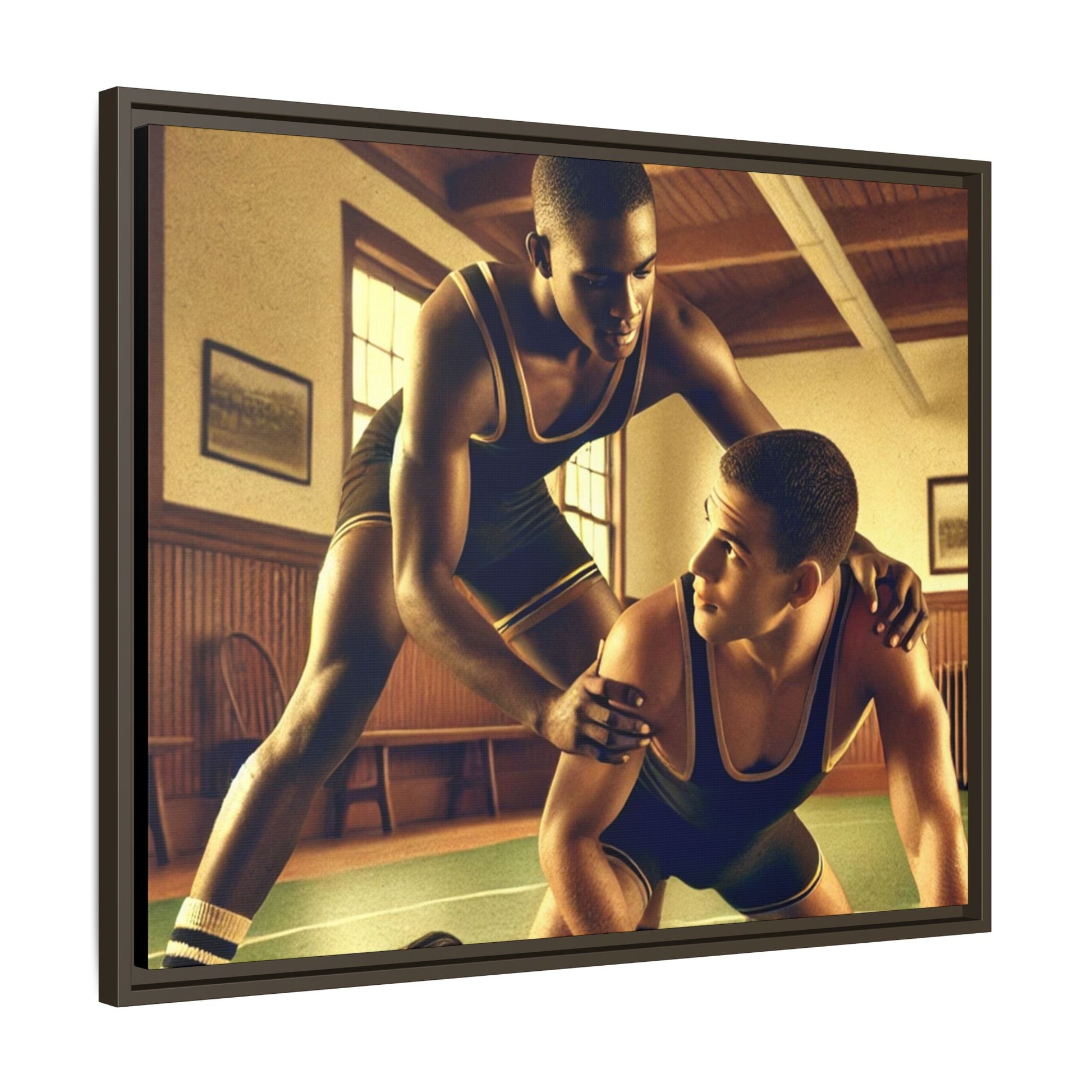 Framed canvas artwork inspired by Grant Wood featuring African-American and European-American wrestlers in a vintage gymnasium. A tribute to unity, diversity, and regionalist art.