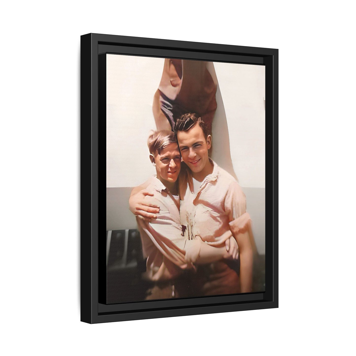 A framed vintage WWII-era portrait on matte canvas featuring Walter and Paul at Camp Shanks, NY, capturing love and resilience during wartime. Gay Couple