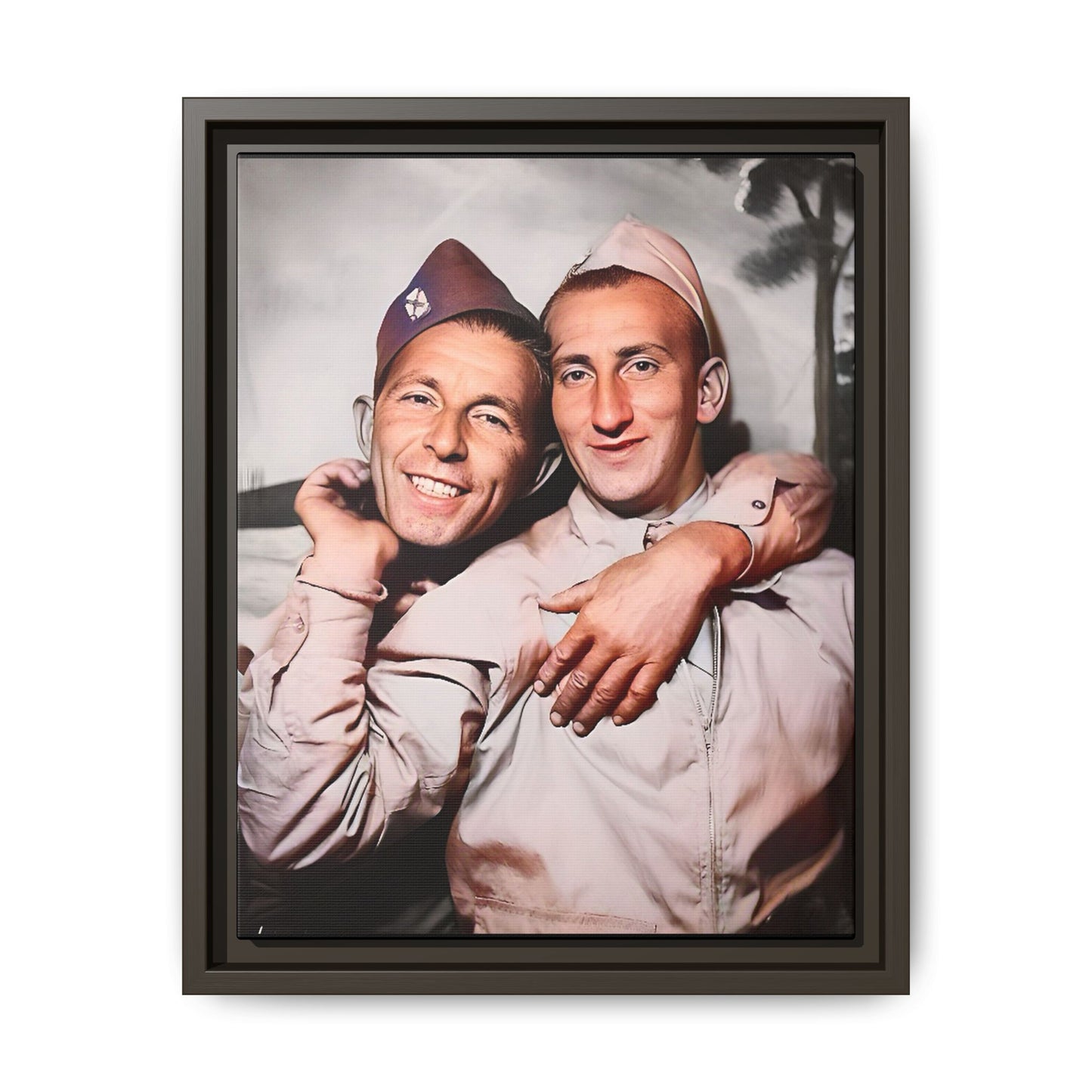 A framed vintage military photo on matte canvas featuring a loving couple at Fort Jackson, South Carolina, honoring LGBTQ+ history and resilience.