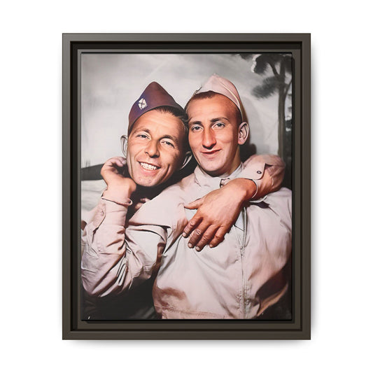 A framed vintage military photo on matte canvas featuring a loving couple at Fort Jackson, South Carolina, honoring LGBTQ+ history and resilience.