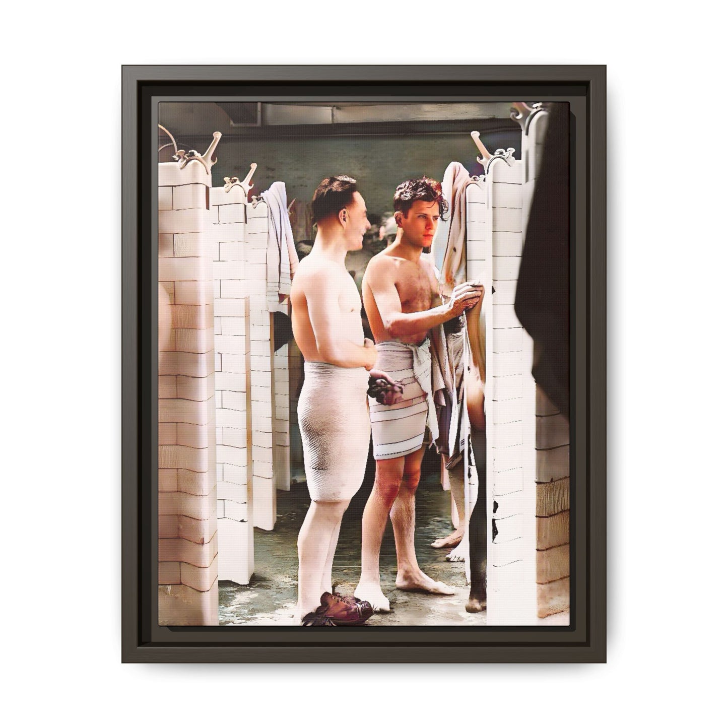 A restored and colorized vintage photo of Everard Baths in Manhattan, NYC. This framed matte canvas print celebrates LGBTQ+ history, capturing the spirit of camaraderie, liberation, and hidden stories from the past.