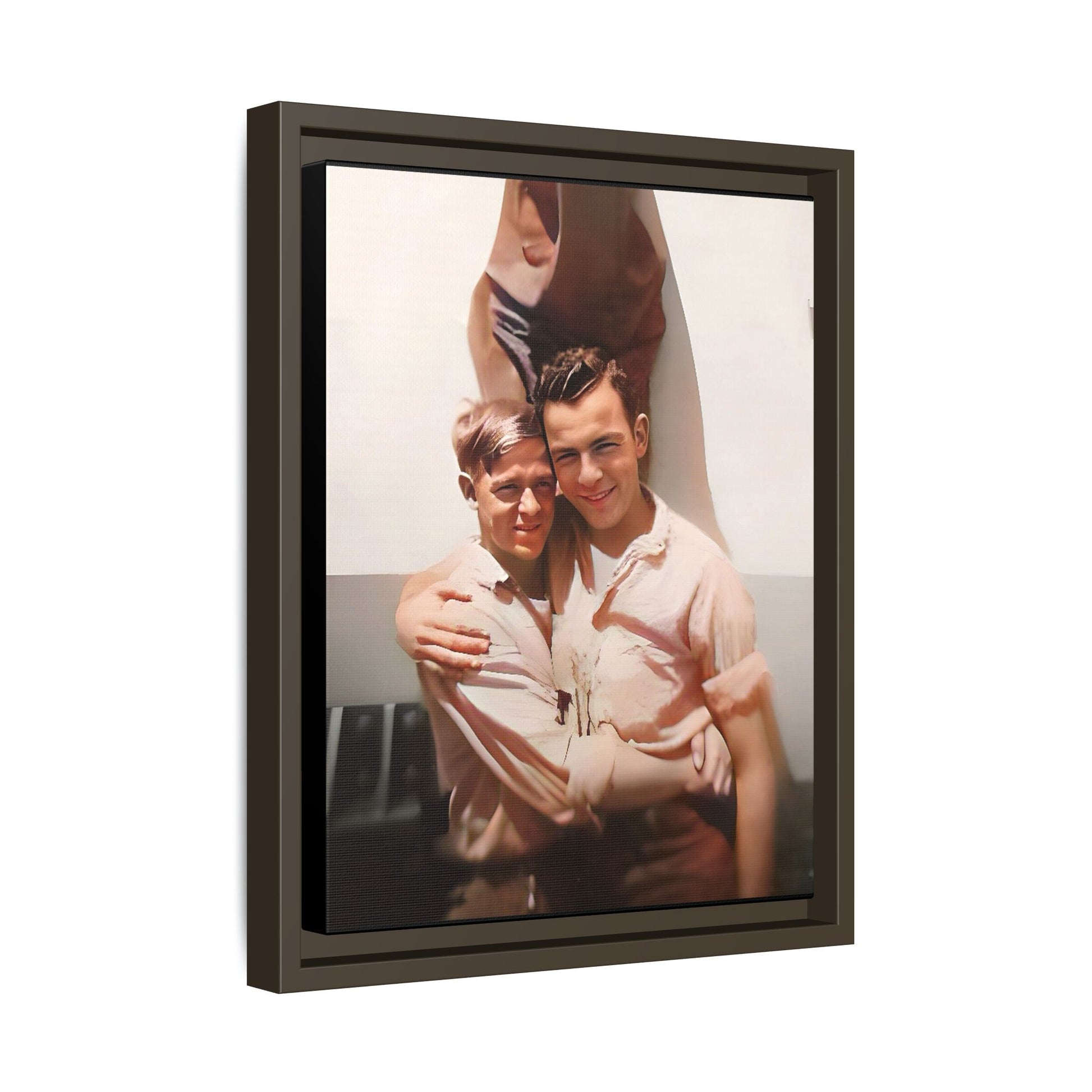 A framed vintage WWII-era portrait on matte canvas featuring Walter and Paul at Camp Shanks, NY, capturing love and resilience during wartime. Gay Couple