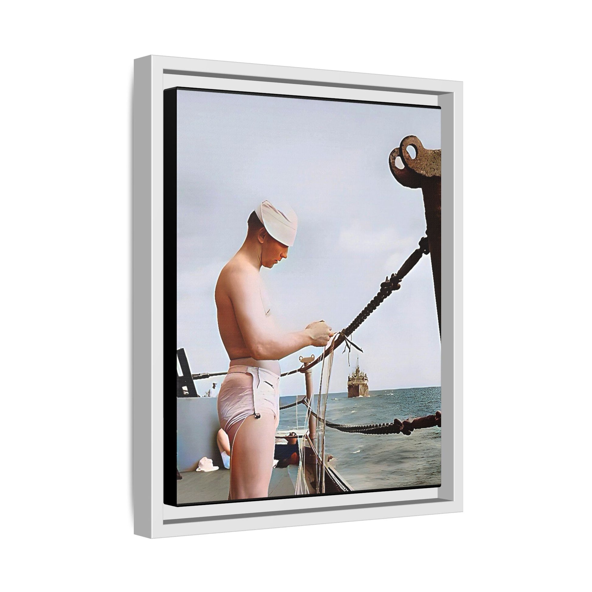 A framed vintage naval portrait on matte canvas featuring a sailor aboard the USS Iowa, honoring maritime history and dedication.