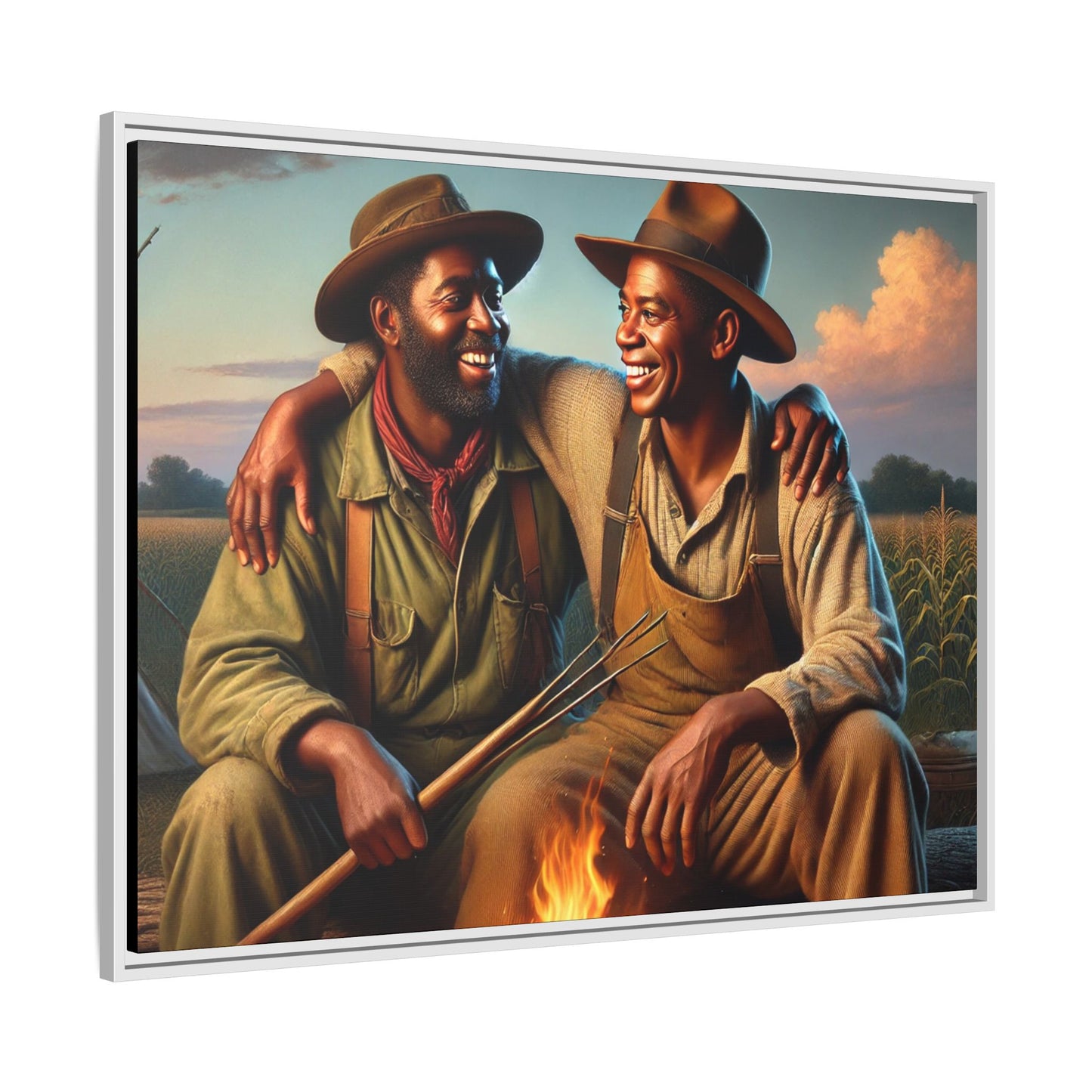 Artwork of an older African-American queer couple sharing a warm, joyful moment by a campfire in rural Iowa. Set against vast fields and an open sky, the scene captures love, resilience, and the nostalgic beauty of Americana, with firelight illuminating their laughter and companionship