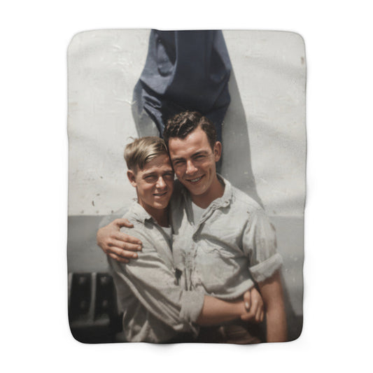 Heirloom sherpa blanket with restored vintage portrait of two young men