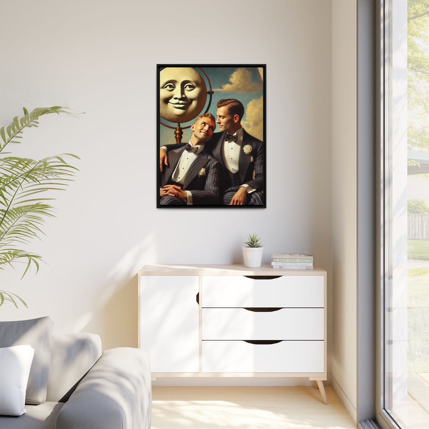 Framed matte canvas portrait featuring two young men in vintage overalls with a crescent moon prop above them. This artwork from the Missing Art Studies series reclaims LGBTQ+ imagery that may have been lost to bias, presenting warmth, intimacy, and presence.