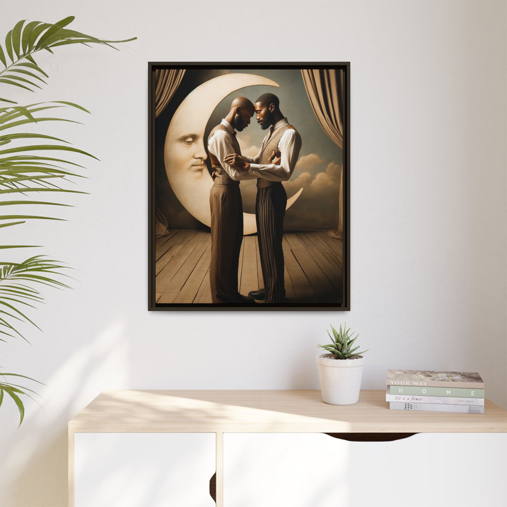 Two Black men in vintage 1920s clothing stand forehead to forehead, embraced beneath a glowing crescent moon. A theatrical scene honoring queer love, memory, and history, reclaiming moments that were never captured due to cultural bias.