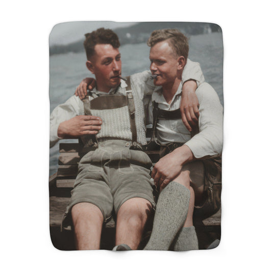 Vintage sherpa blanket featuring two men in lederhosen seated in a rowboat