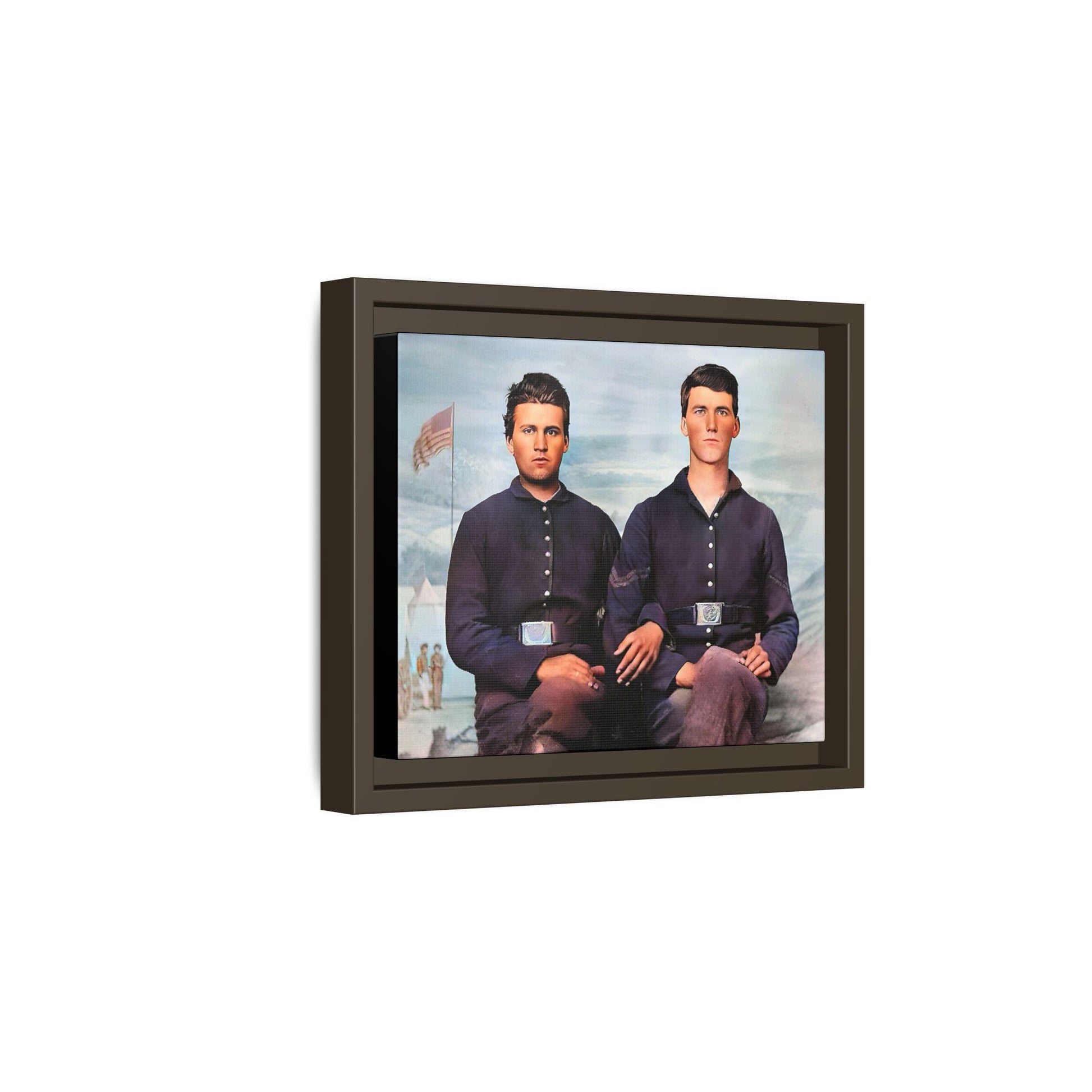 A framed vintage Civil War photo on matte canvas featuring two Union soldiers at Camp Curtin, honoring military history. Gay Couple