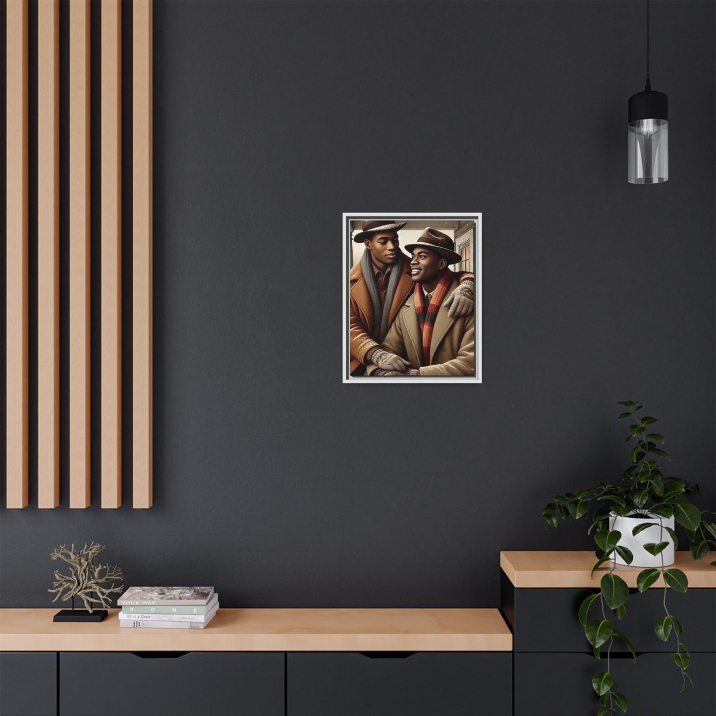 Artwork of an African-American gay couple sharing a cozy winter moment on a porch. Dressed in vintage winter attire with fedoras, scarves, and warm coats, they exchange affectionate gazes amidst softly falling snow, capturing love, warmth, and intimacy in a nostalgic winter setting.