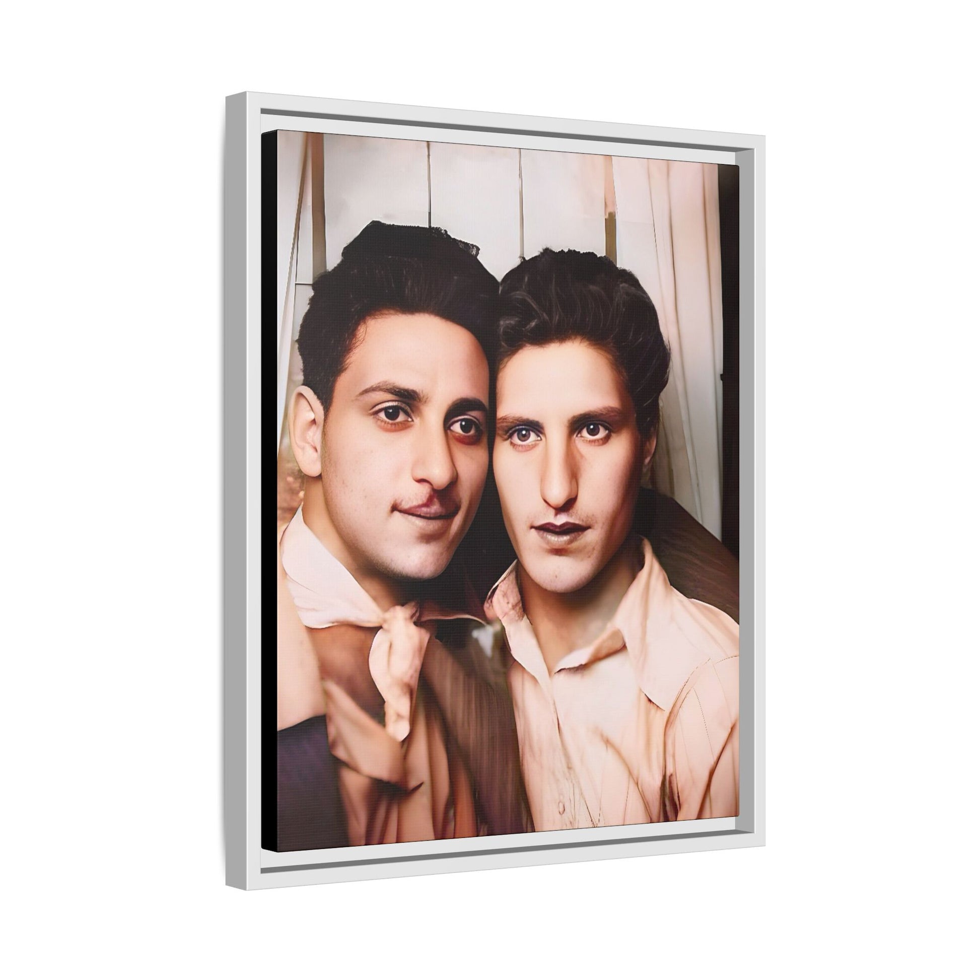 A framed vintage photo booth portrait on matte canvas featuring Juan and Lawrence in Santa Monica, California, capturing timeless LGBTQ+ love and companionship. Gay Couple