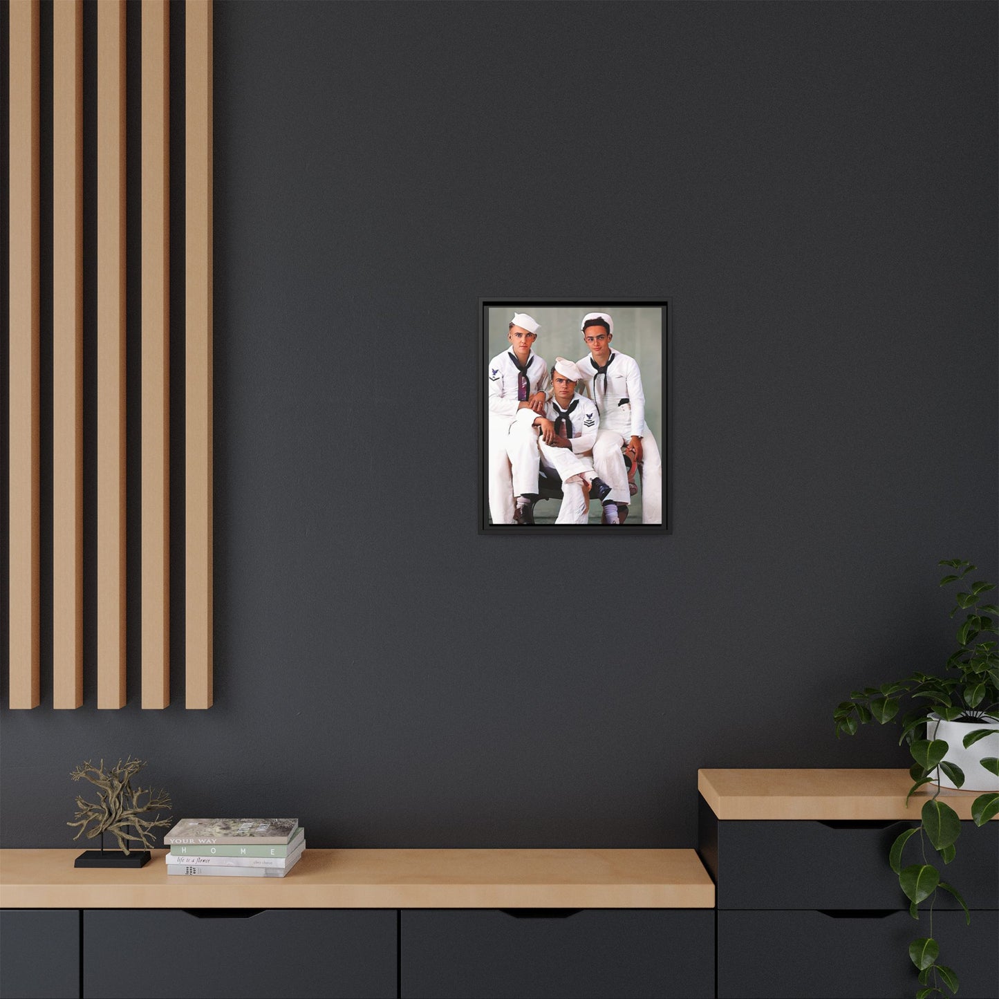 A restored vintage portrait of three sailors aboard the USS Alabama. This framed matte canvas honors naval history, camaraderie, and timeless service.