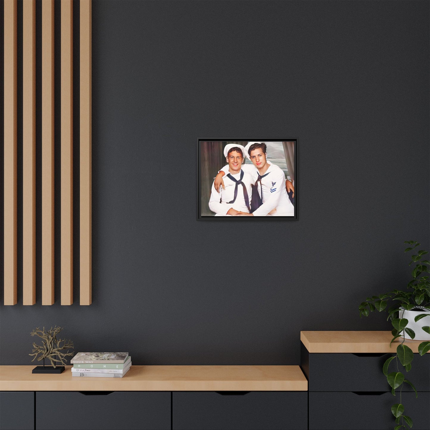 A restored vintage Navy portrait of Kenny and William at Fort Lee, Virginia. This framed matte canvas print honors military camaraderie, resilience, and LGBTQ+ history with a timeless tribute to friendship and love. Gay Couple Sailors Navy