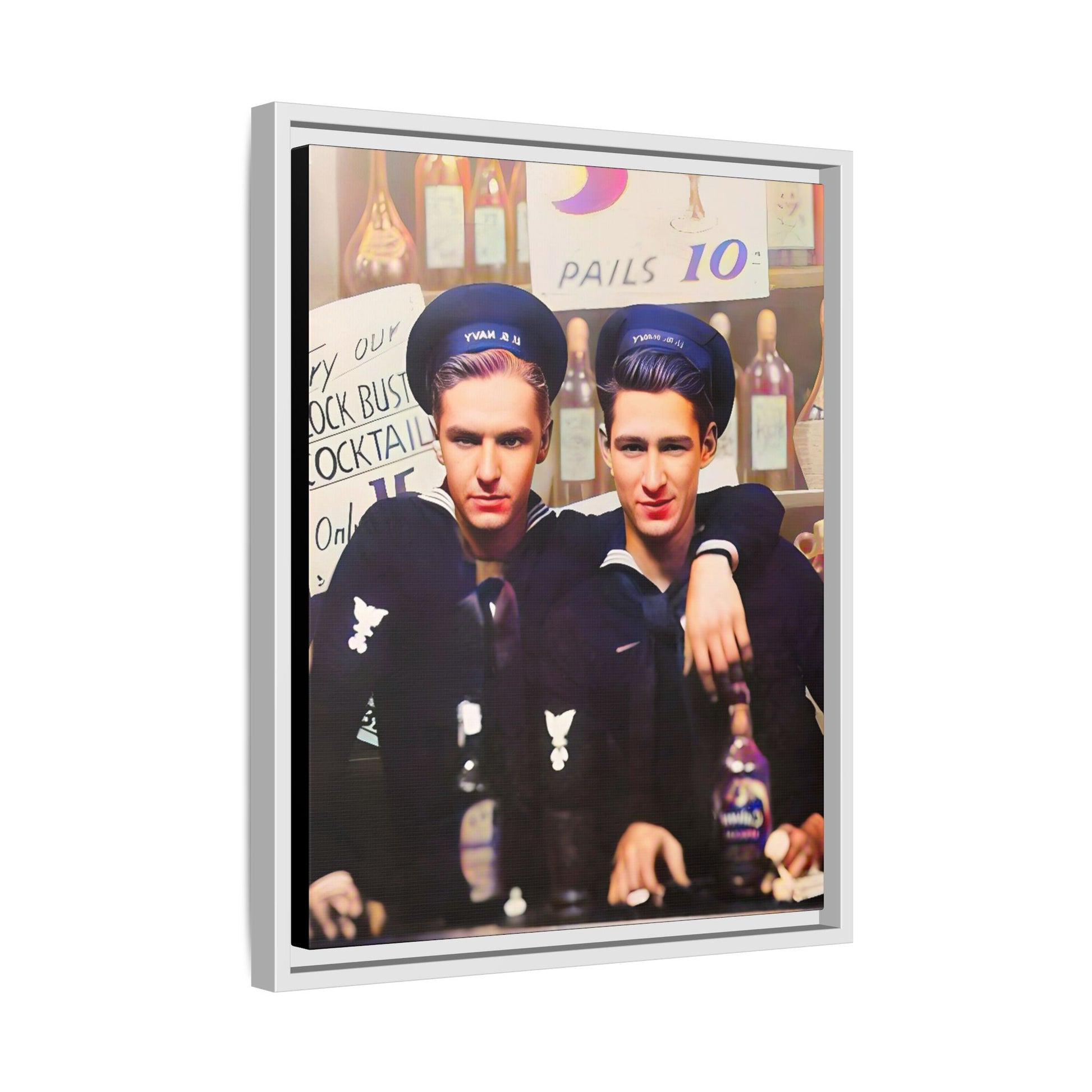 A restored vintage naval portrait of Leo & Vincent, two sailors at Norfolk Naval Station. This framed matte canvas captures LGBTQ+ history, camaraderie, and resilience in a timeless moment. Gay Couple