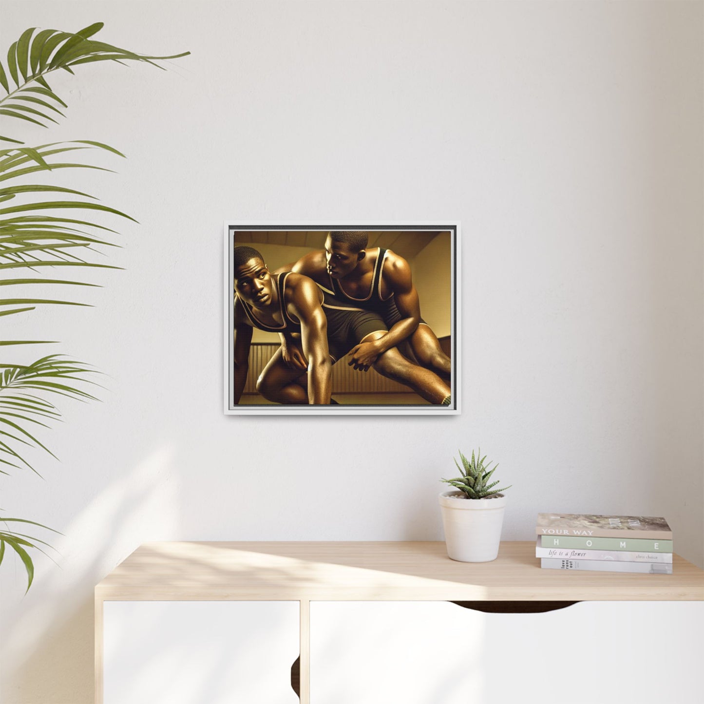 Framed artwork inspired by Grant Wood, showcasing African-American wrestlers in a vintage gymnasium setting. A powerful tribute to teamwork, resilience, and regionalist art.