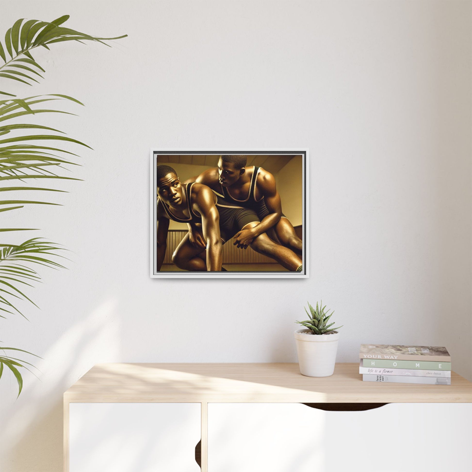 Framed artwork inspired by Grant Wood, showcasing African-American wrestlers in a vintage gymnasium setting. A powerful tribute to teamwork, resilience, and regionalist art.