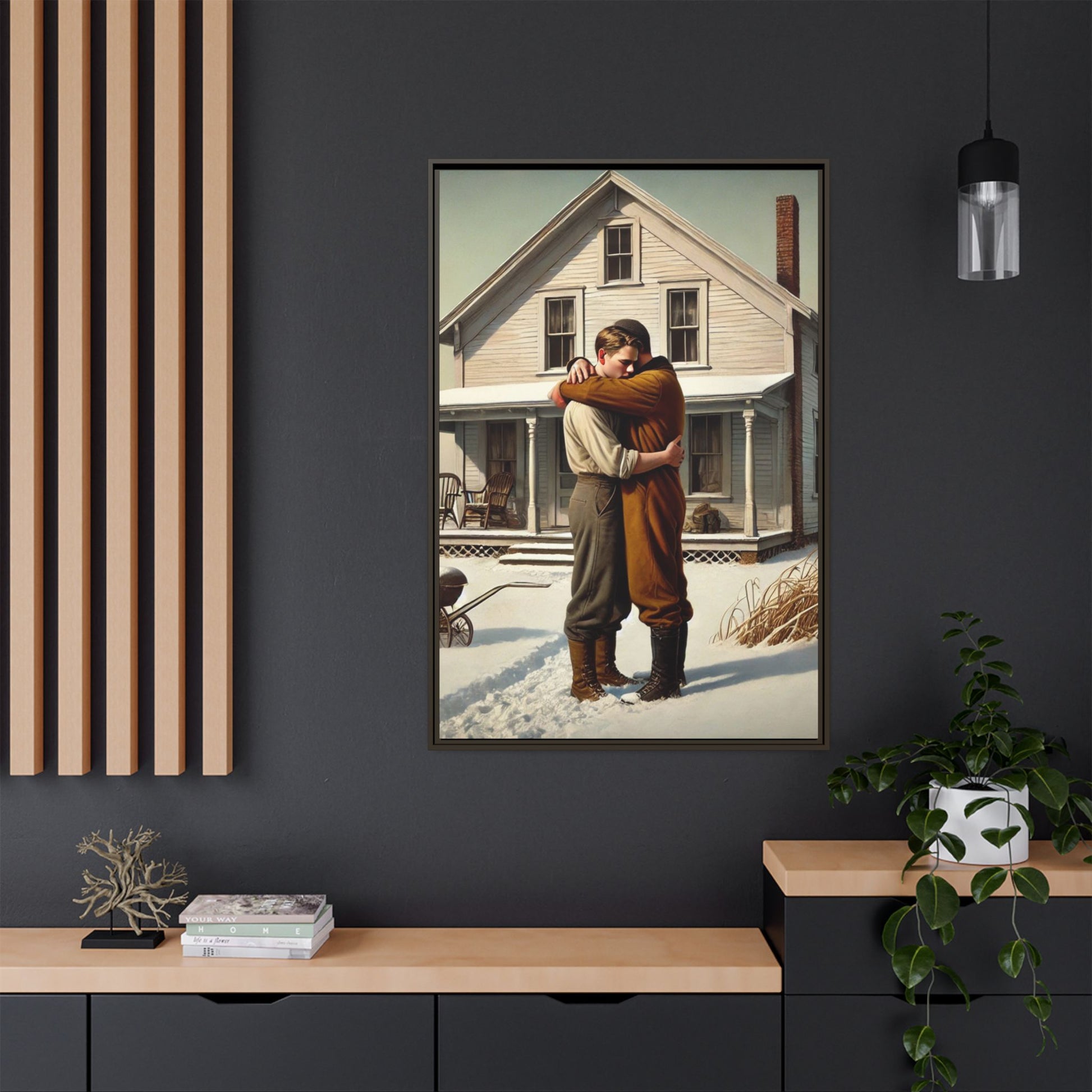 Artwork of a tender moment between a gay couple embracing outside a farmhouse in a snowy, rural landscape. Dressed in vintage attire, the two men find warmth and comfort in each other’s arms, capturing love and connection in a serene, Americana winter setting