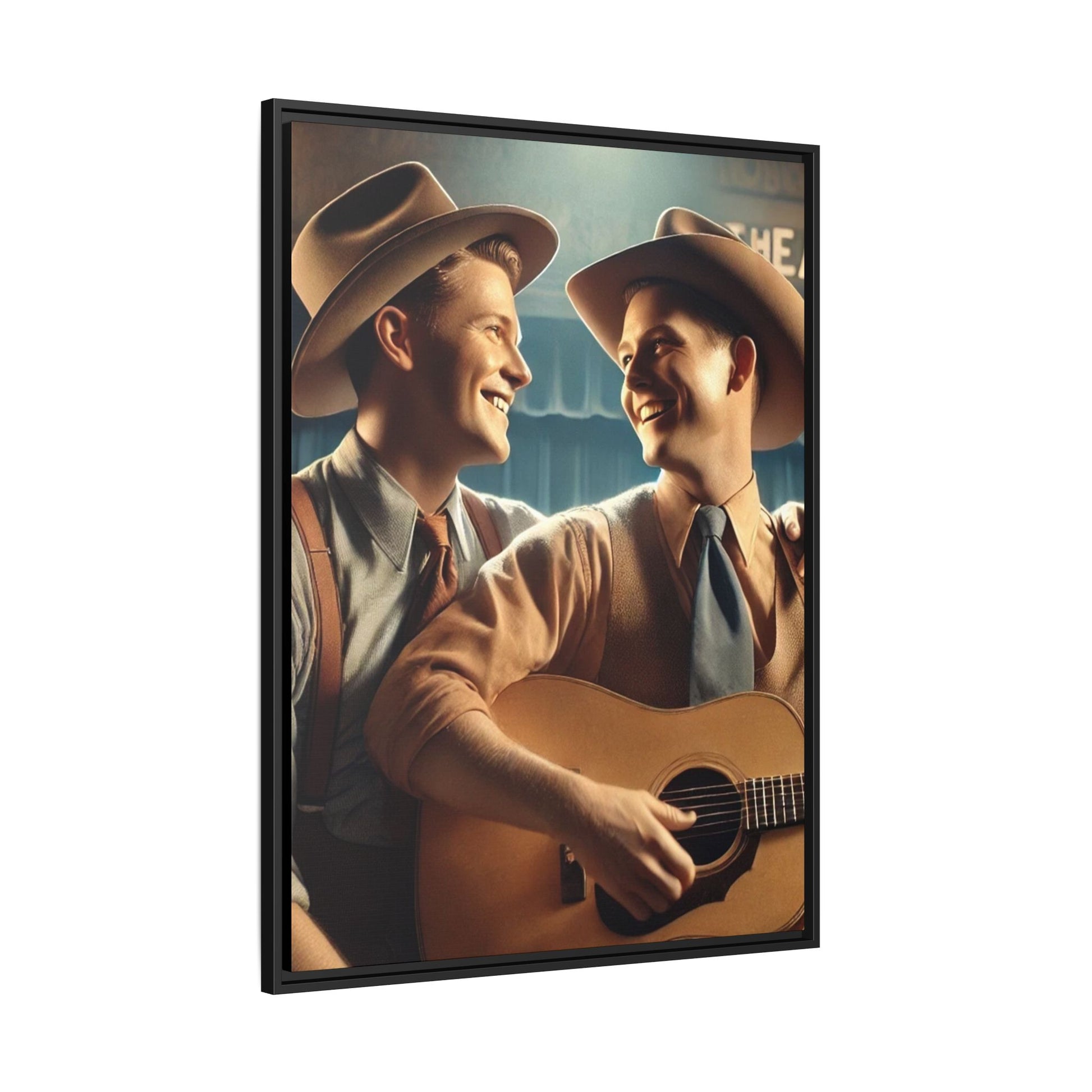 Artwork of a gay couple recording a country-western song in a 1930s-style studio. Dressed in classic Western attire with wide-brimmed hats and button-up shirts, the two men share an affectionate gaze, capturing love and unity in a nostalgic, vintage setting.