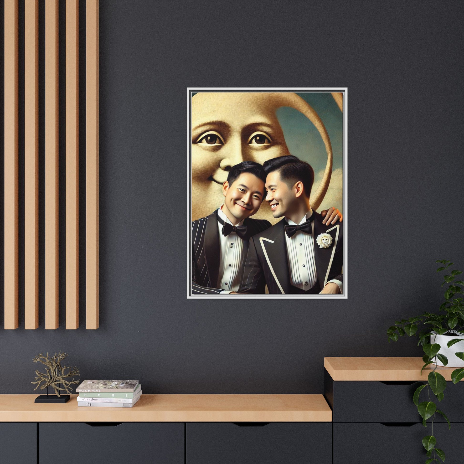 Framed matte canvas featuring a joyful queer Asian couple in tuxedos standing beneath a crescent moon. This artwork, part of the Missing Art Studies series, reimagines erased queer histories with warmth, dignity, and vintage-inspired style.