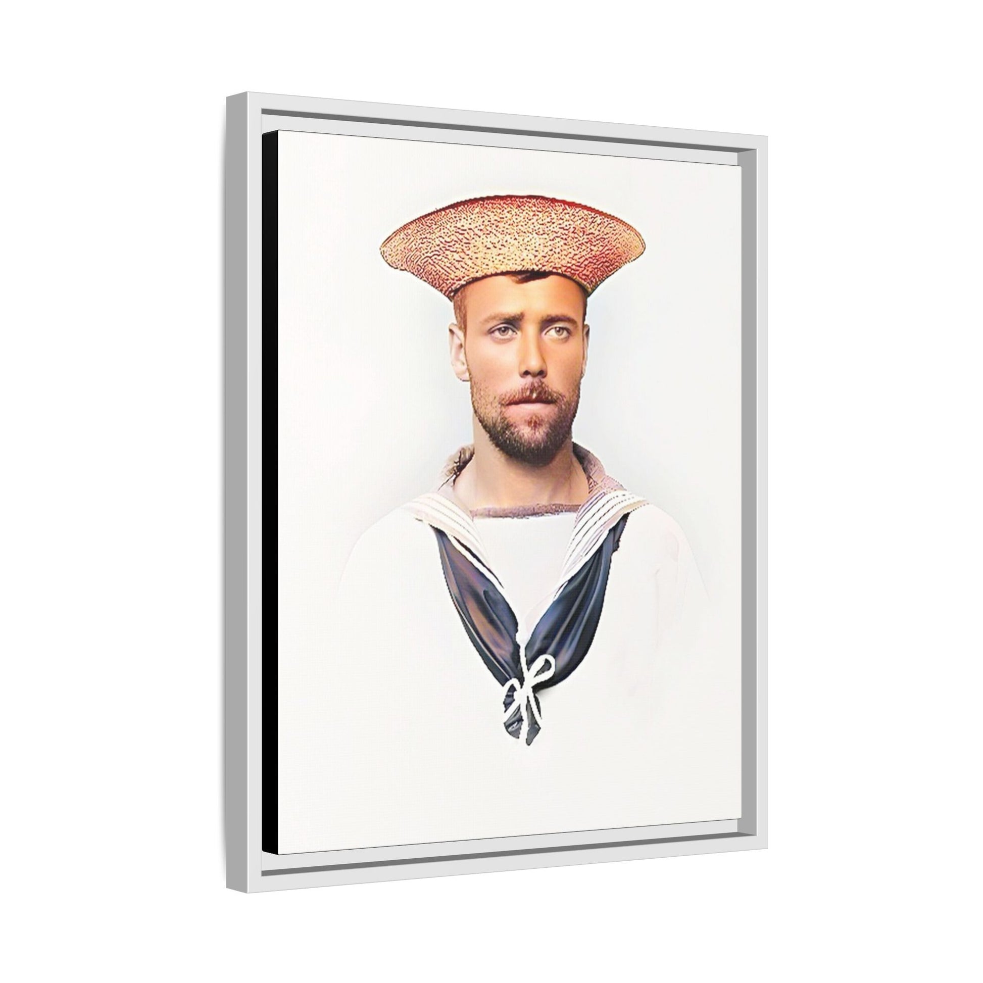 A restored vintage portrait of Elijah, a British sailor in Weihaiwei, China. This framed matte canvas honors naval history, tradition, and duty.