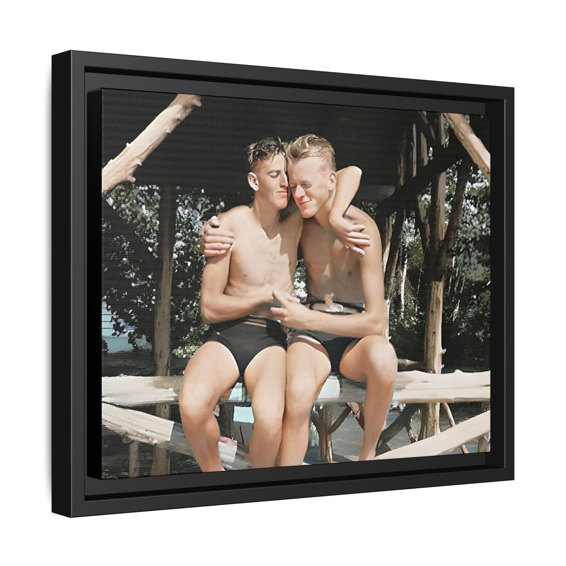 A vintage-inspired framed canvas print featuring Joseph and Billy at Kahena Beach, Hawaii. Their intimate moment under a sunlit pergola captures the warmth of love, freedom, and tropical serenity—perfect for coastal, LGBTQ+, and romantic home decor.