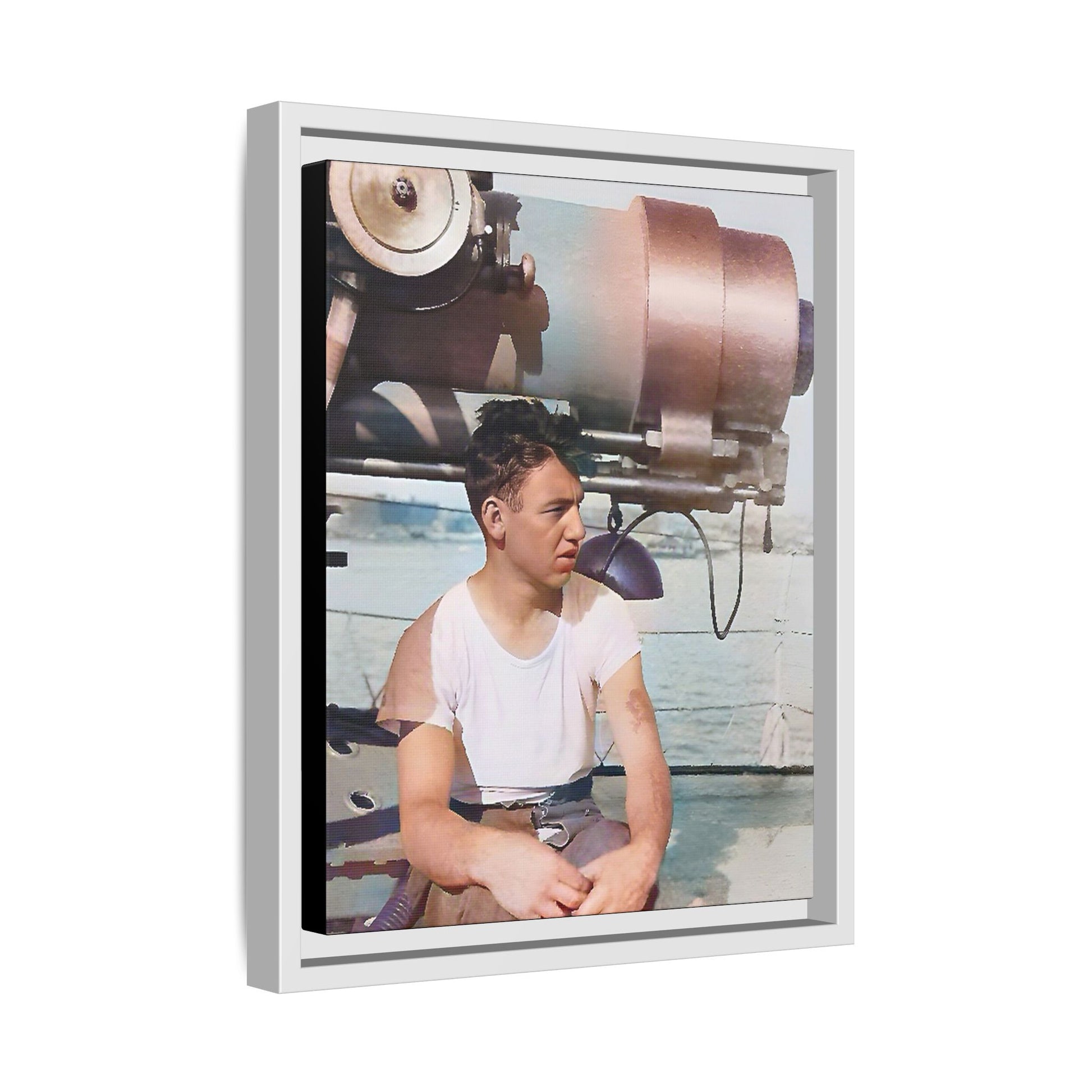 A restored vintage portrait of Harvey aboard the USS Oklahoma (BB-37). This framed matte canvas honors naval history, resilience, and service. Battleship Photo