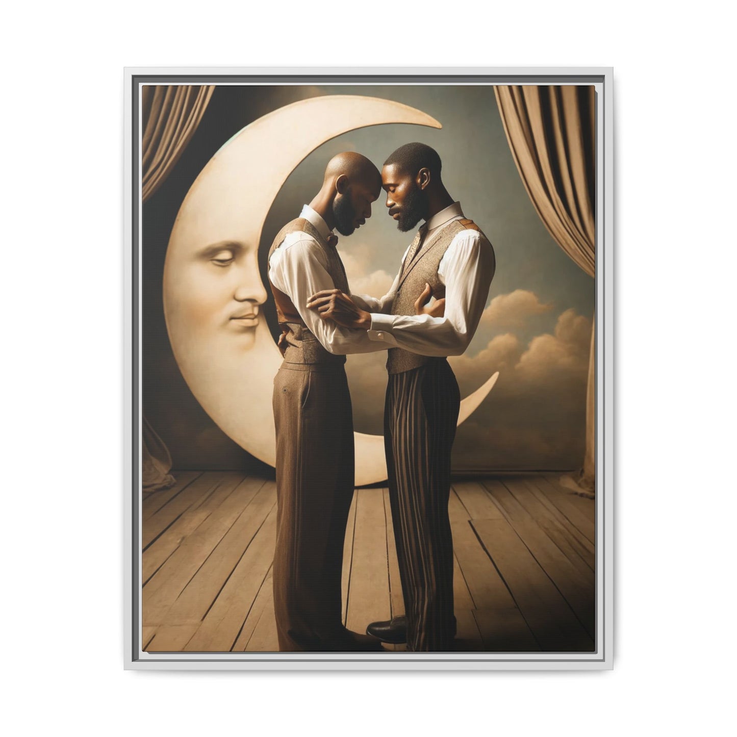 Two Black men in vintage 1920s clothing stand forehead to forehead, embraced beneath a glowing crescent moon. A theatrical scene honoring queer love, memory, and history, reclaiming moments that were never captured due to cultural bias.