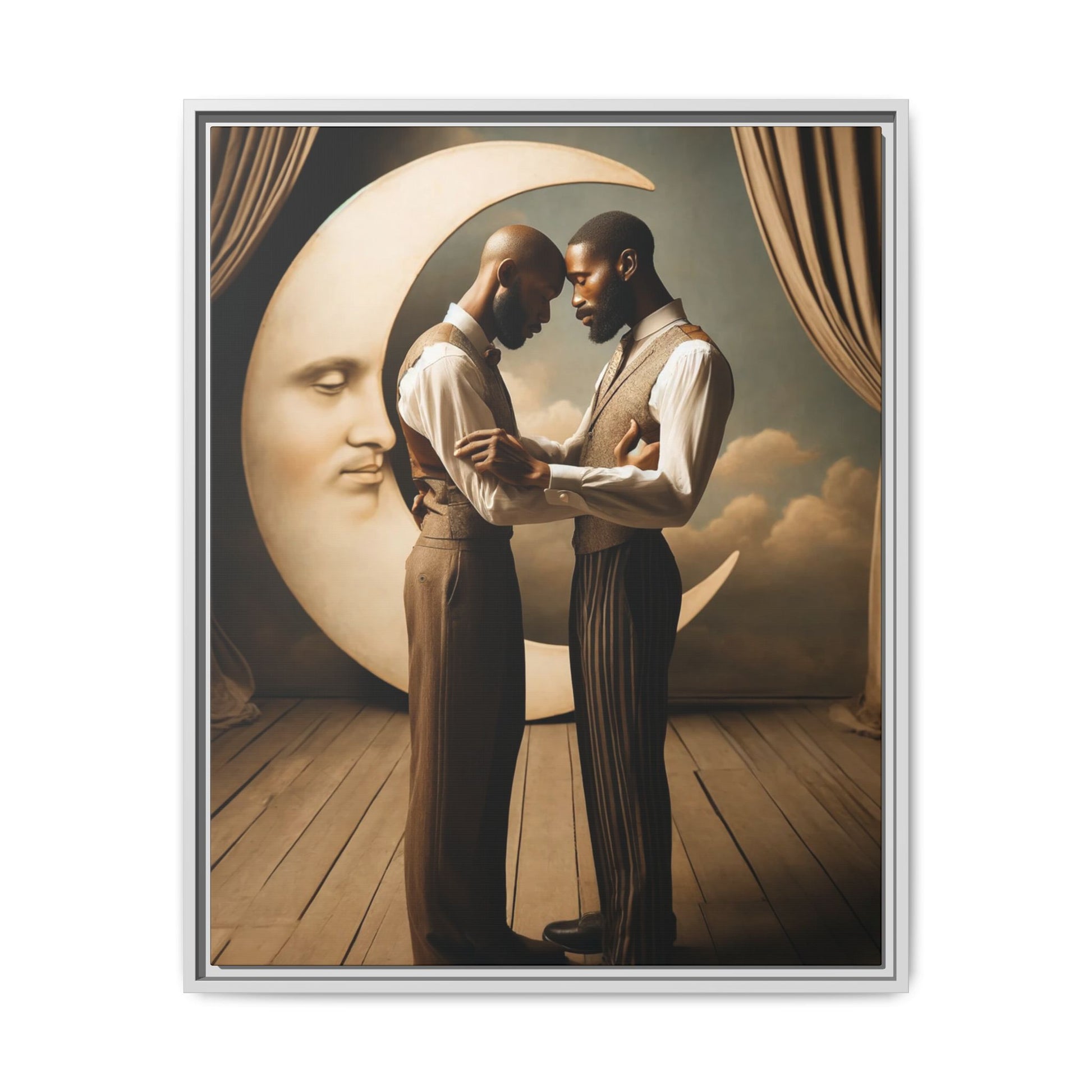 Two Black men in vintage 1920s clothing stand forehead to forehead, embraced beneath a glowing crescent moon. A theatrical scene honoring queer love, memory, and history, reclaiming moments that were never captured due to cultural bias.