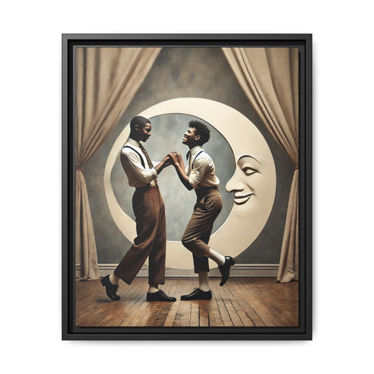 Two joyful young Black men dressed in 1920s fashion dancing in front of a crescent moon prop with a smiling face. This artwork reclaims erased queer love, offering a whimsical and powerful celebration of Black LGBTQ+ youth and history.
